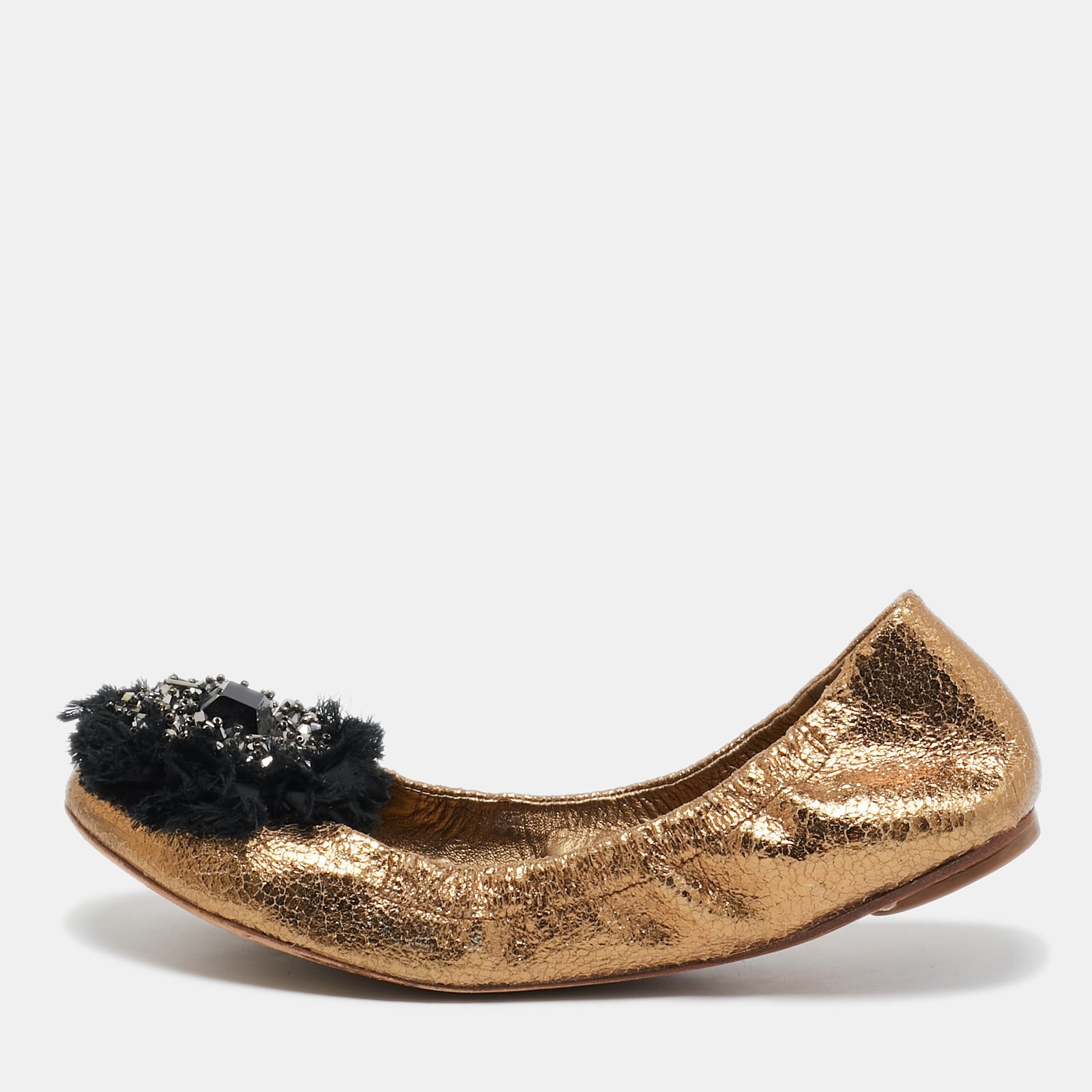 Tory Burch Metallic Textured Leather Embellished Flower Applique Scrunch Ballet Flats Size 38