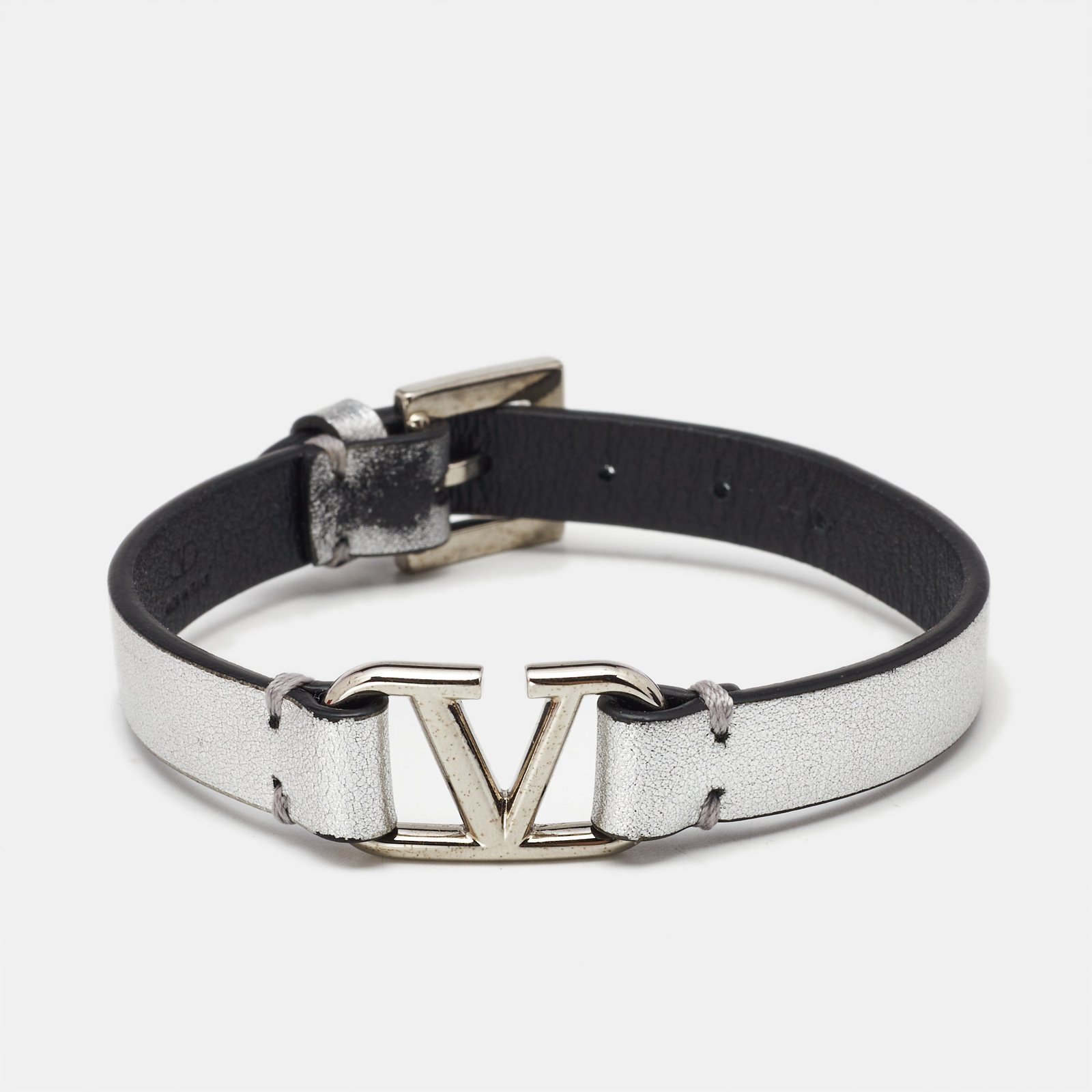 Valentino VLogo Silver Leather Bracelet