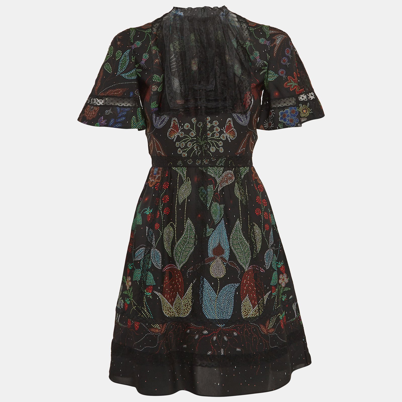 Valentino Black Watersong Print Silk & Lace Trim Mini Dress XS