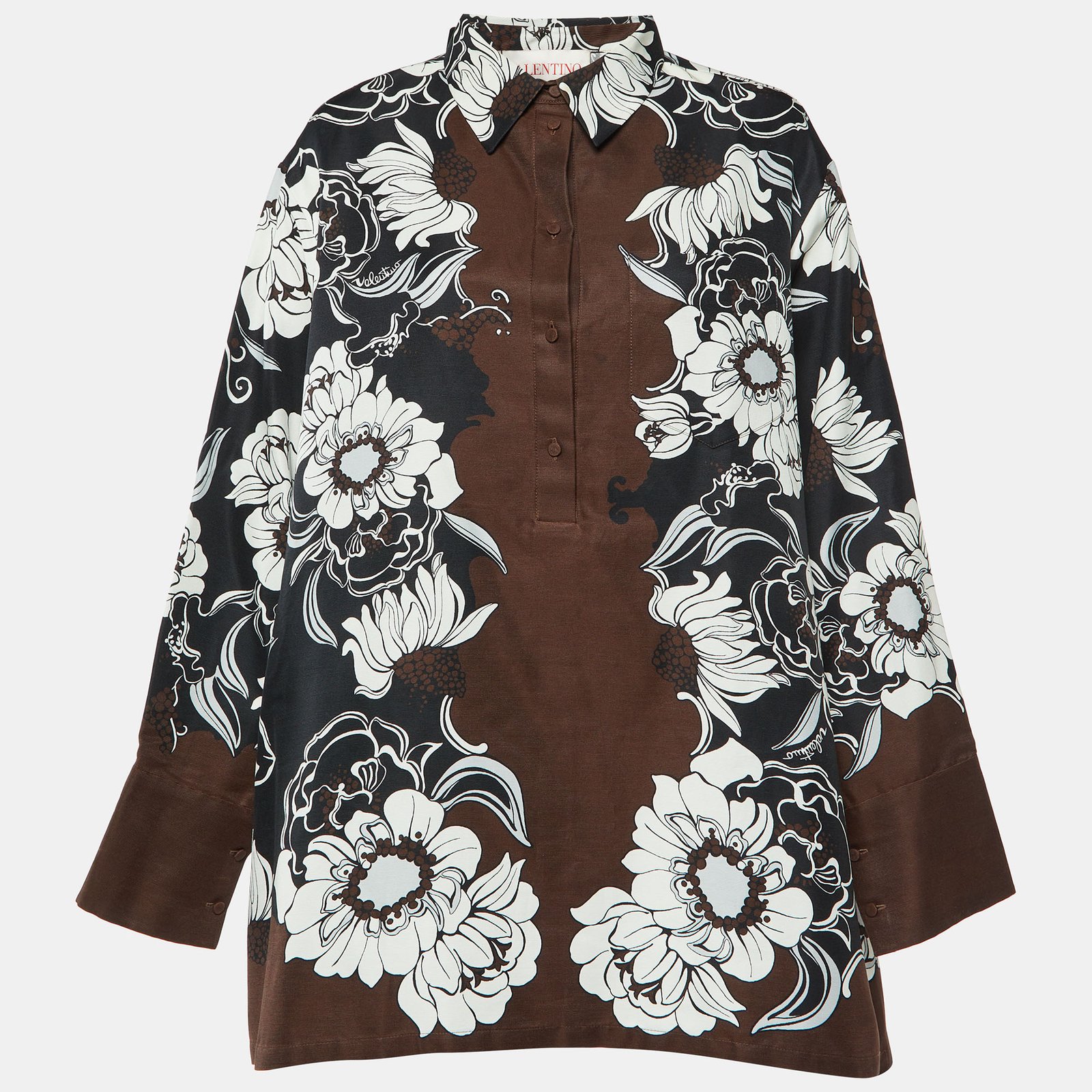 Valentino Brown Street Flowers Daisyland Print Cotton & Silk Shirt Dress M