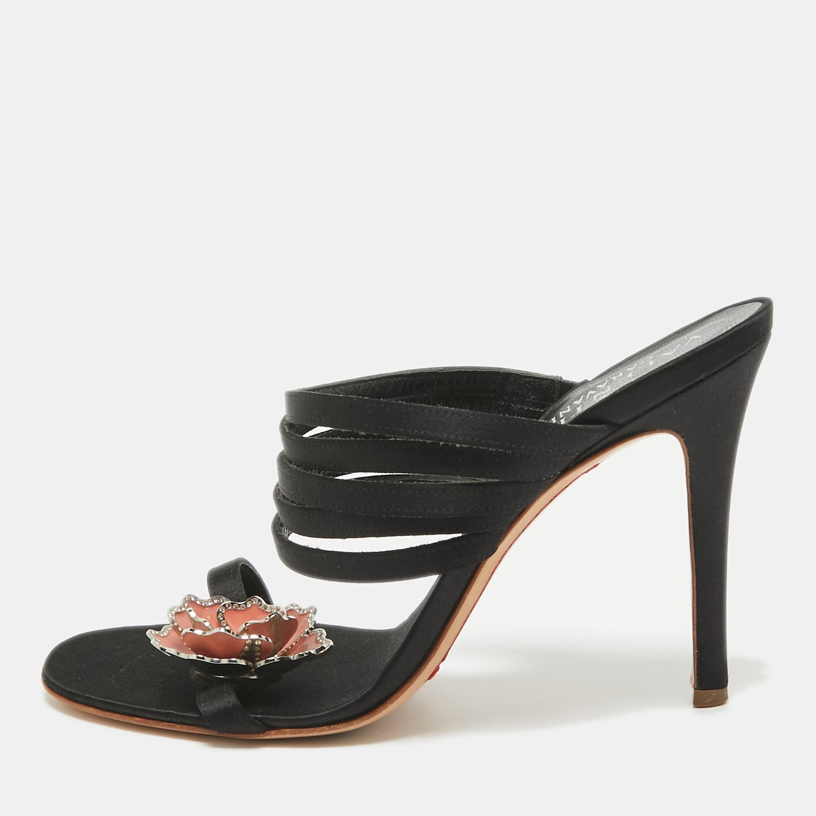 Valentino Black Satin Embellished Flower Slide Sandals Size 38