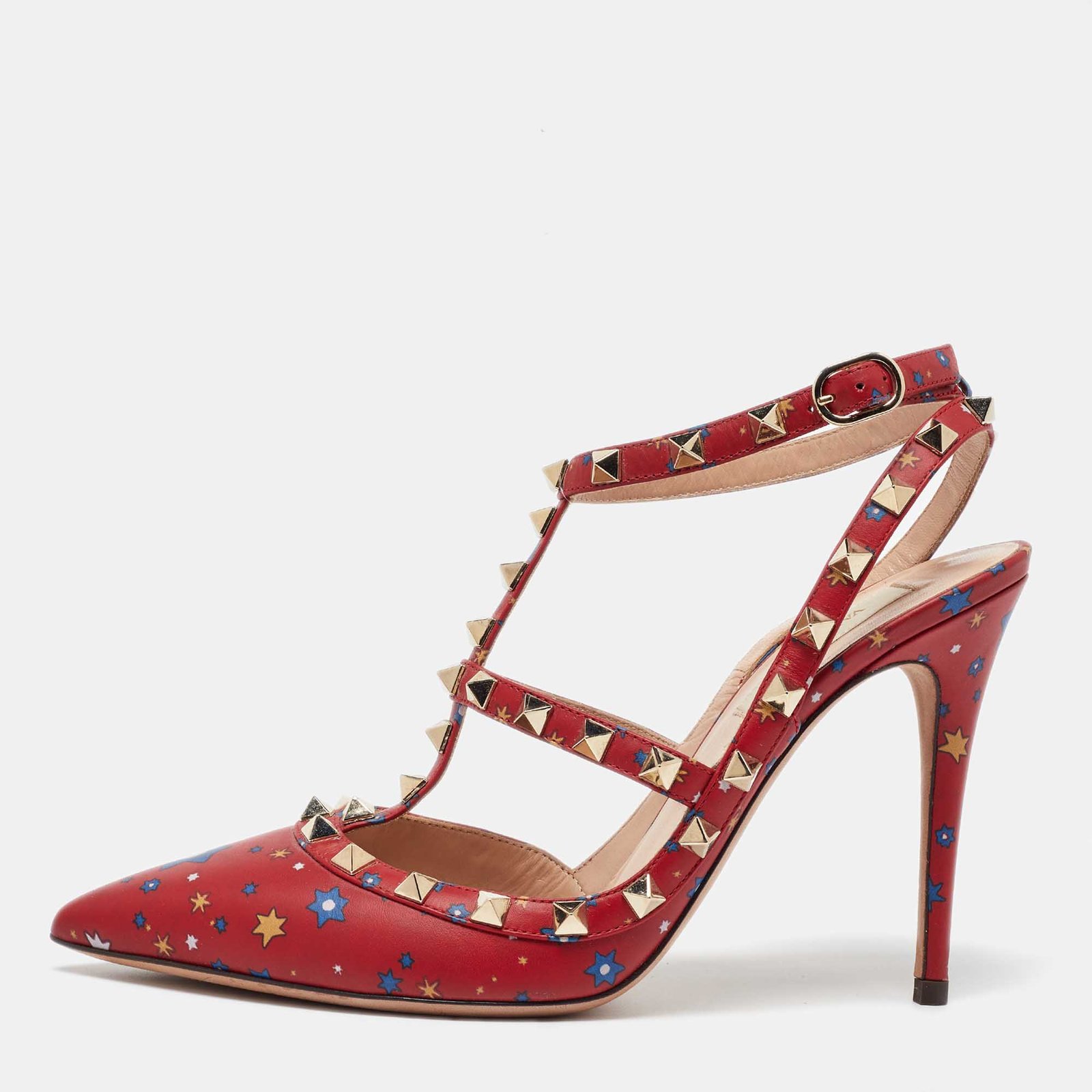 Valentino Red Printed Leather Rockstud Strappy Sandals Size 39