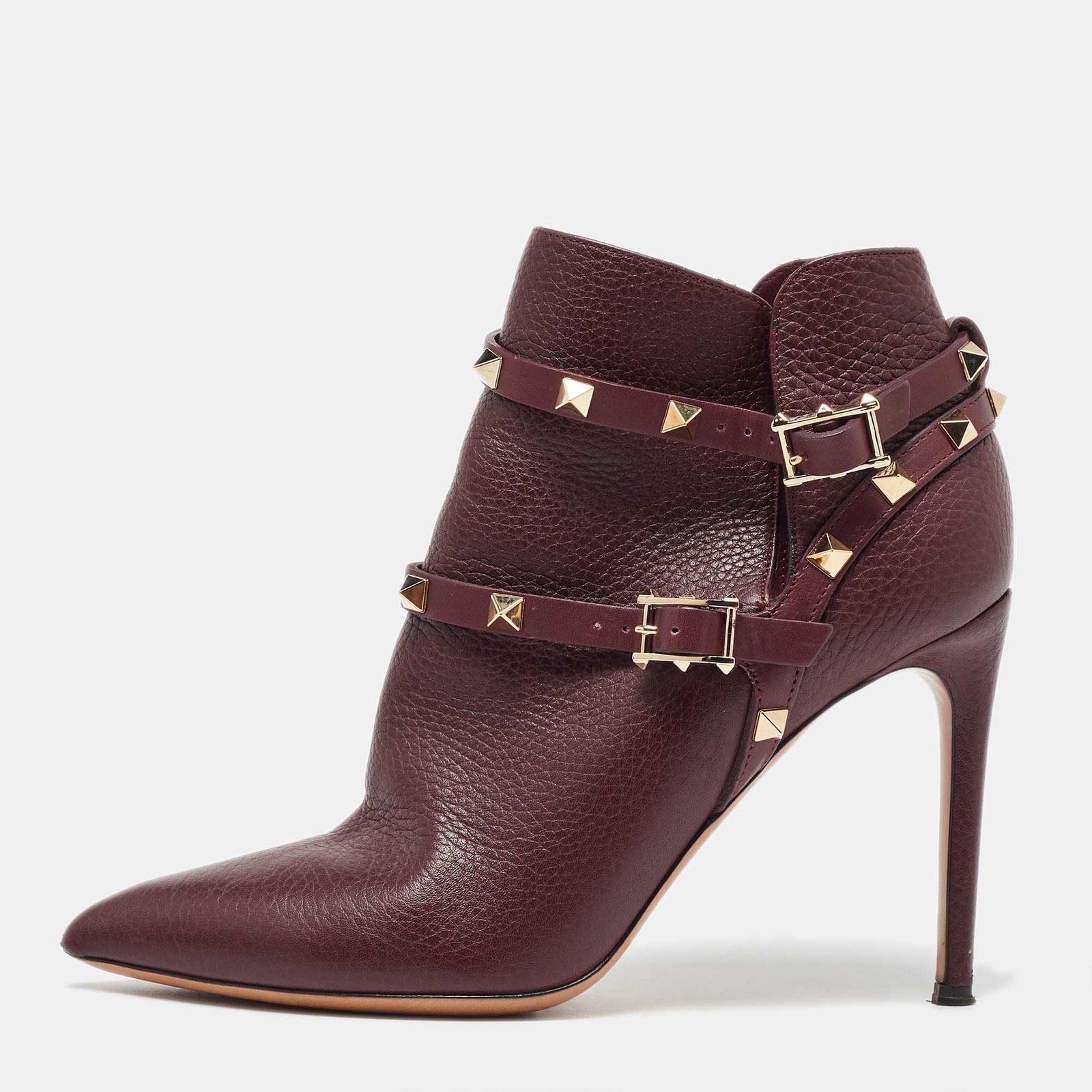 Valentino Burgundy Leather Rockstud Ankle Length Boots Size 37