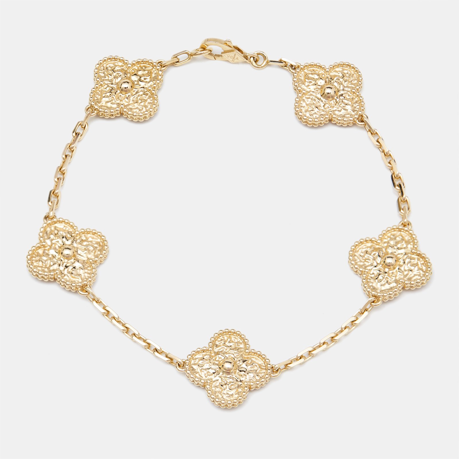 Van Cleef & Arpels Vintage Alhambra Hammered 18k Yellow Gold 5 Motif Station Bracelet