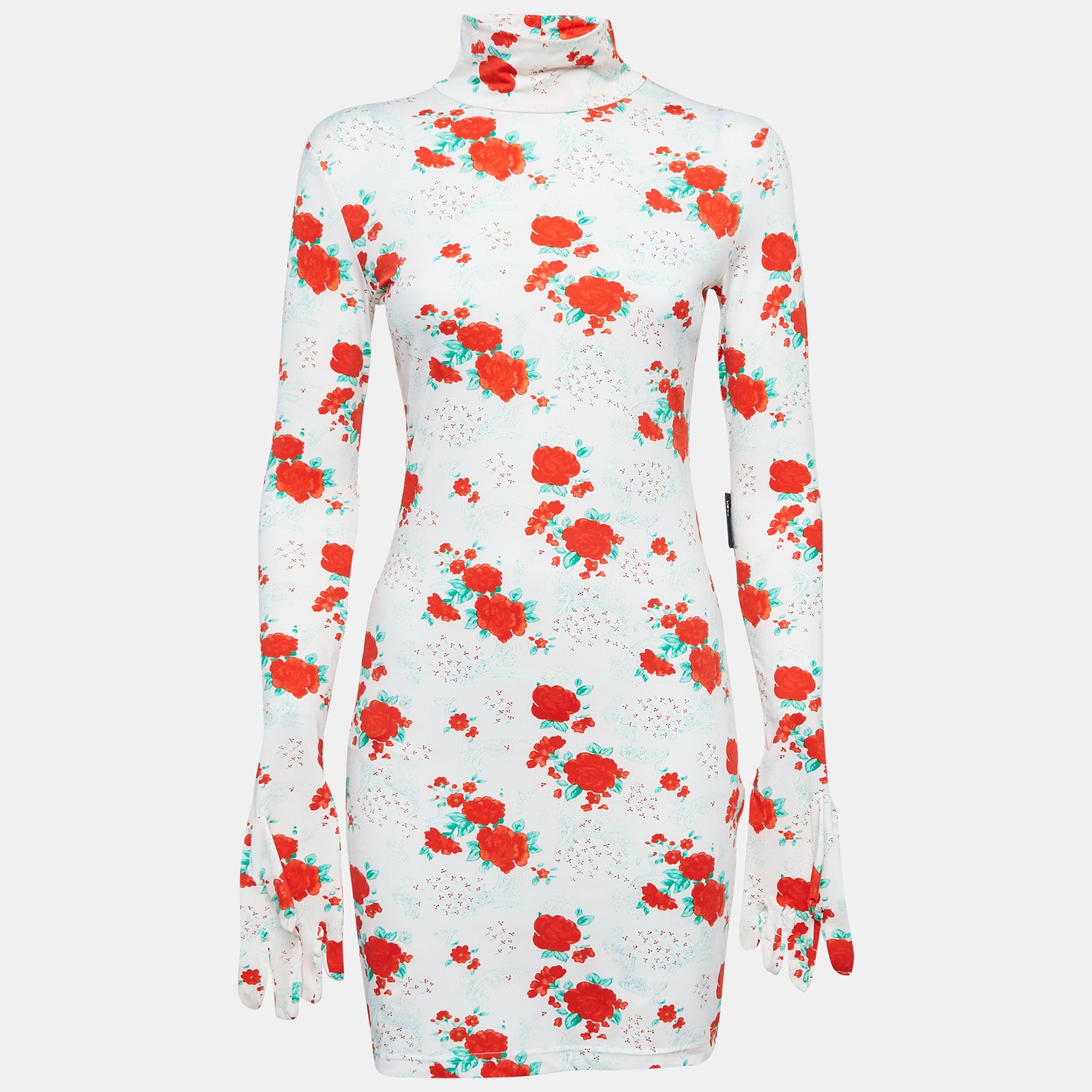 Vetements White Floral Print Jersey Bodycon Mini Dress With Golves M