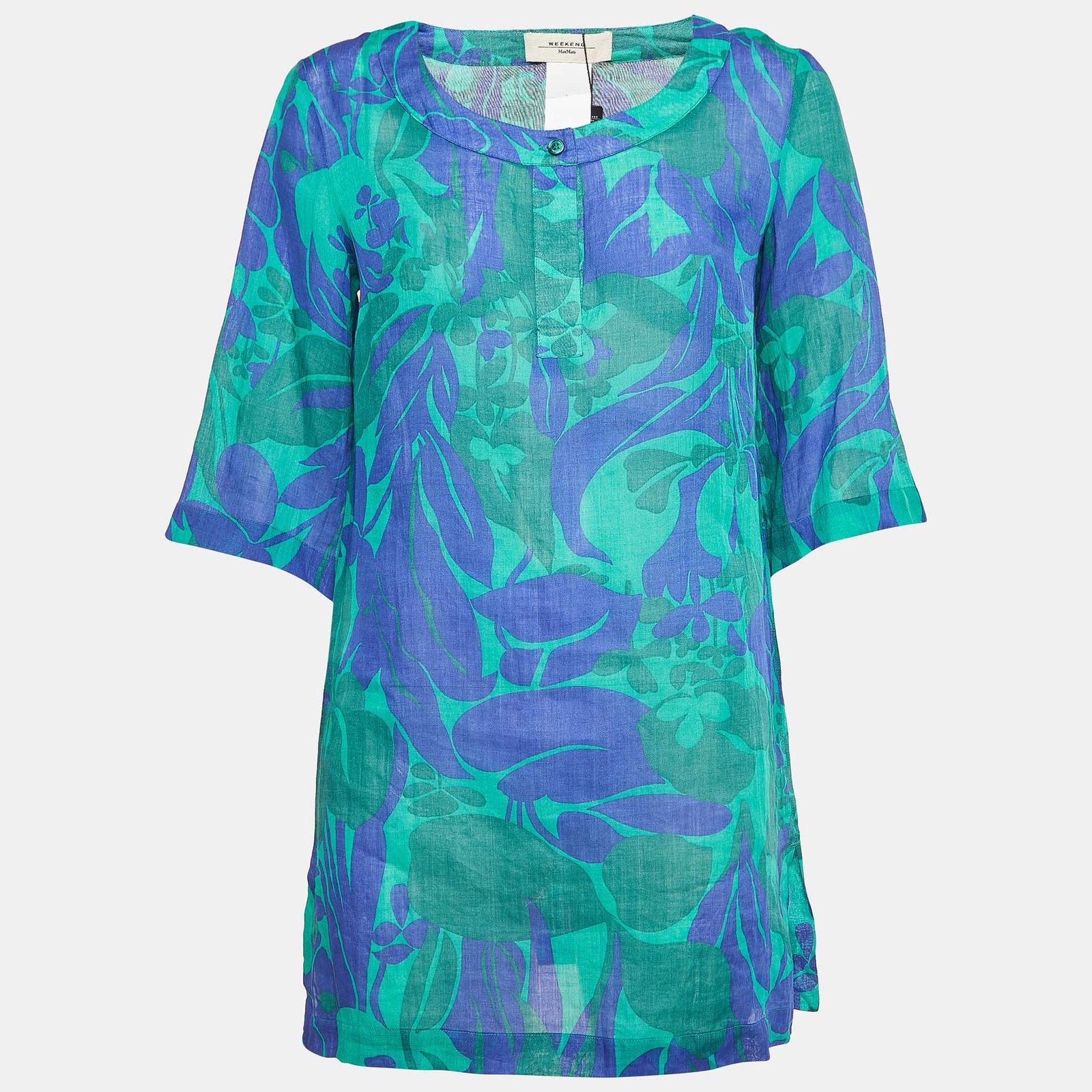 Weekend Max Mara Green/Blue Floral Print Ramie Buttoned Tunic S