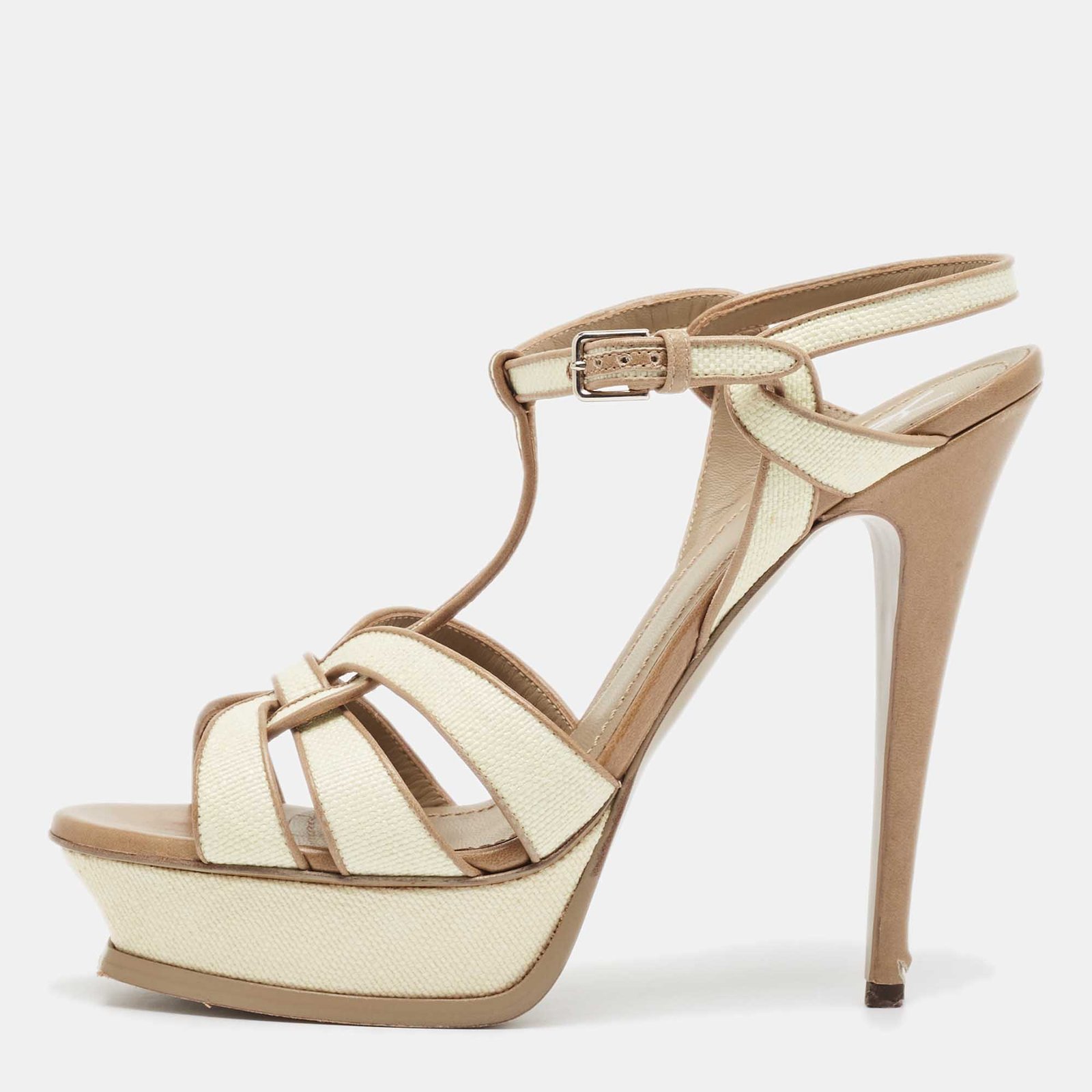 Yves Saint Laurent Cream/Brown Raffia and Leather Tribute Sandals Size 41