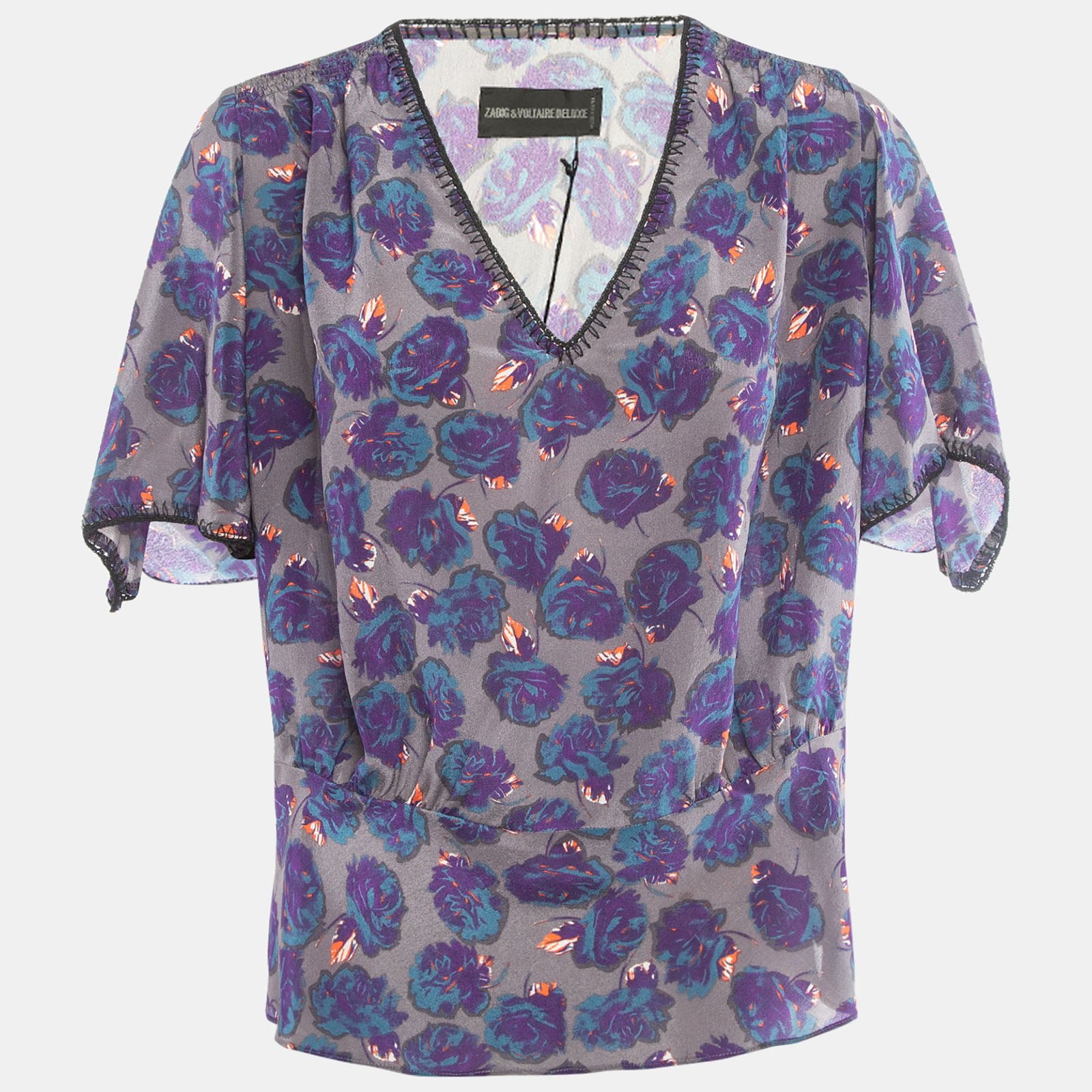 Zadig & Voltaire Grey/Purple Rose Print Silk Top M