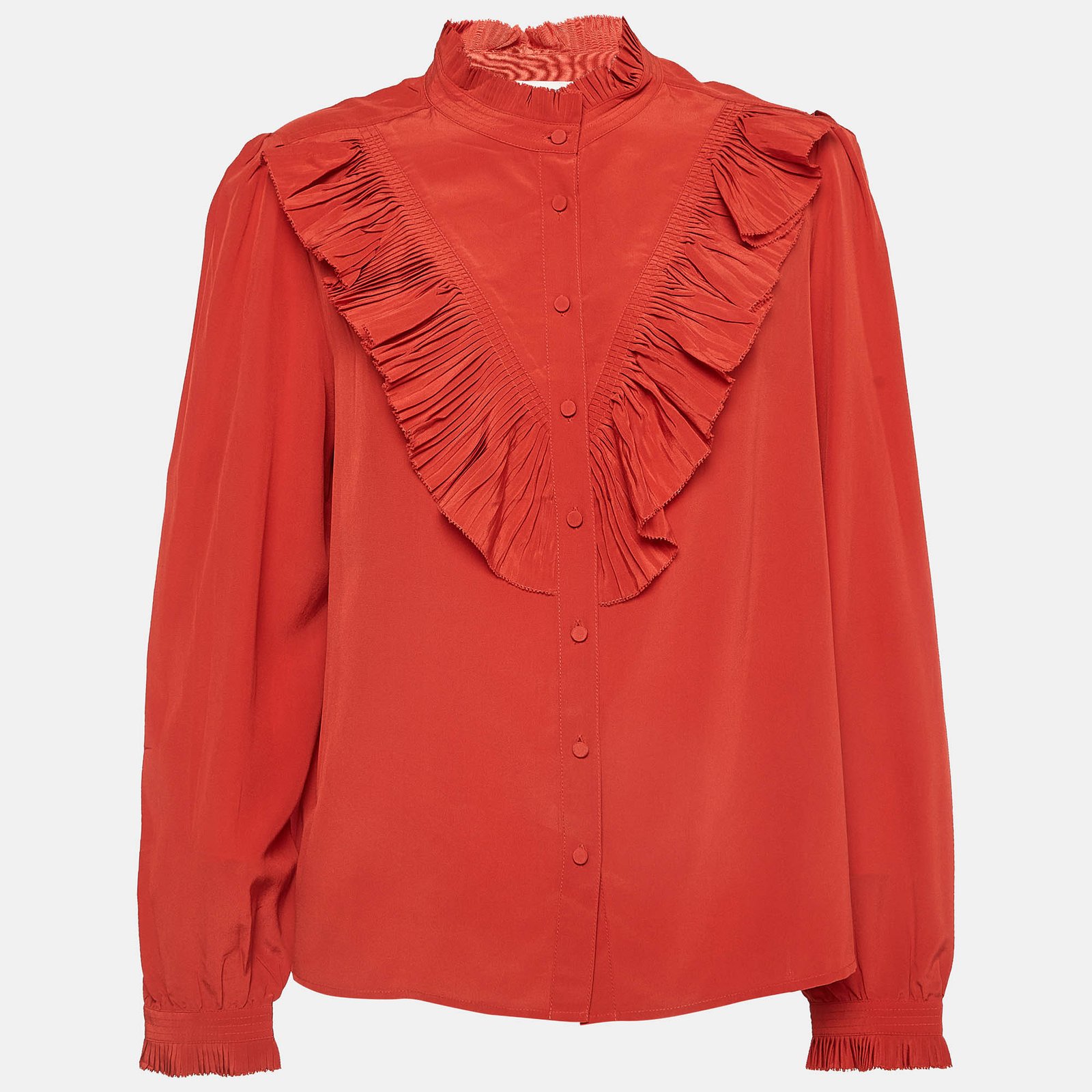 Zadig & Voltaire Red Silk Ruffled Shirt Button Front Blouse L
