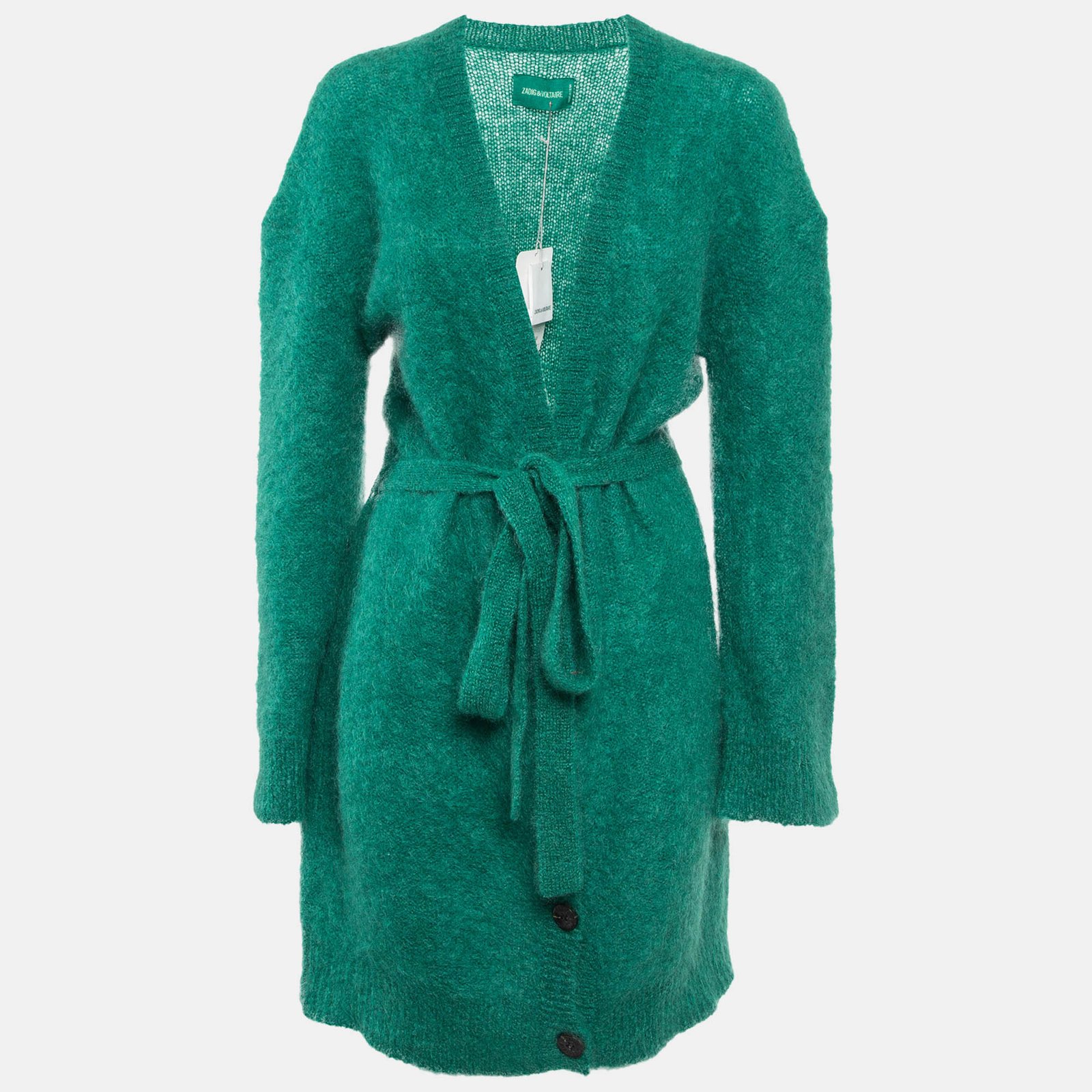 Zadig & Voltaire Mottled Green Mohair Wool Belted Long Cardigan M/L