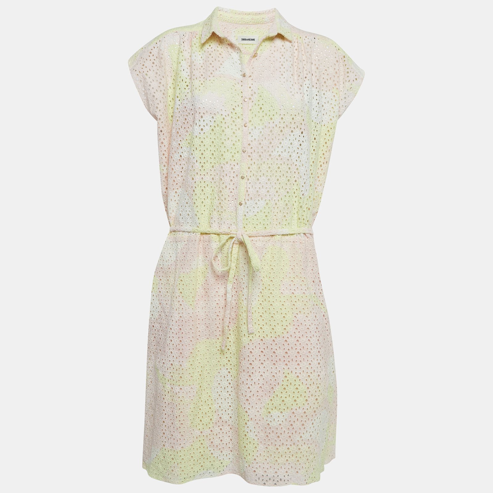Zadig & Voltaire Pink/Yellow Broderie Anglaise Cotton Requim Camo Dress L