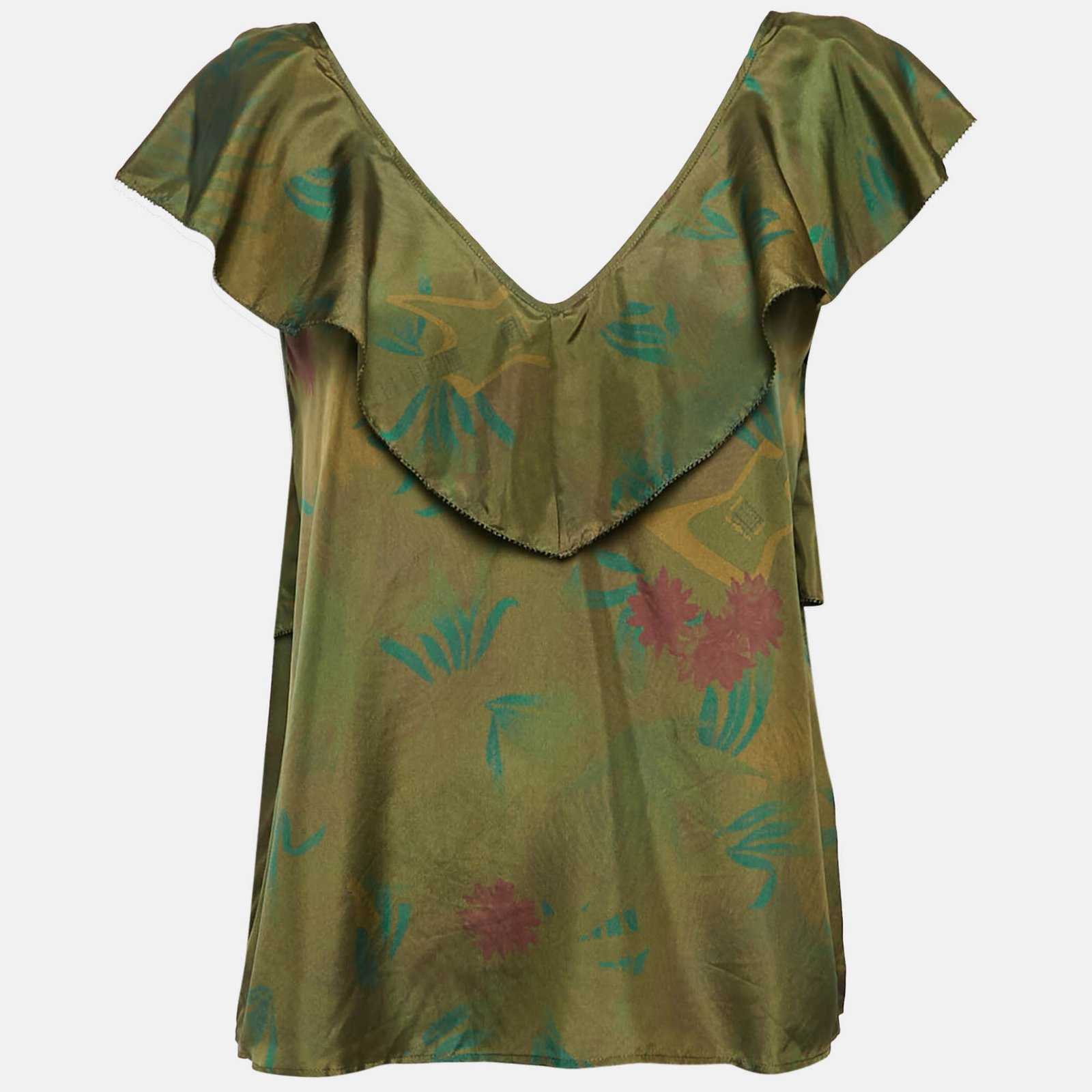 Zadig & Voltaire Green Teen Jungle Print Silk Ruffled Top L