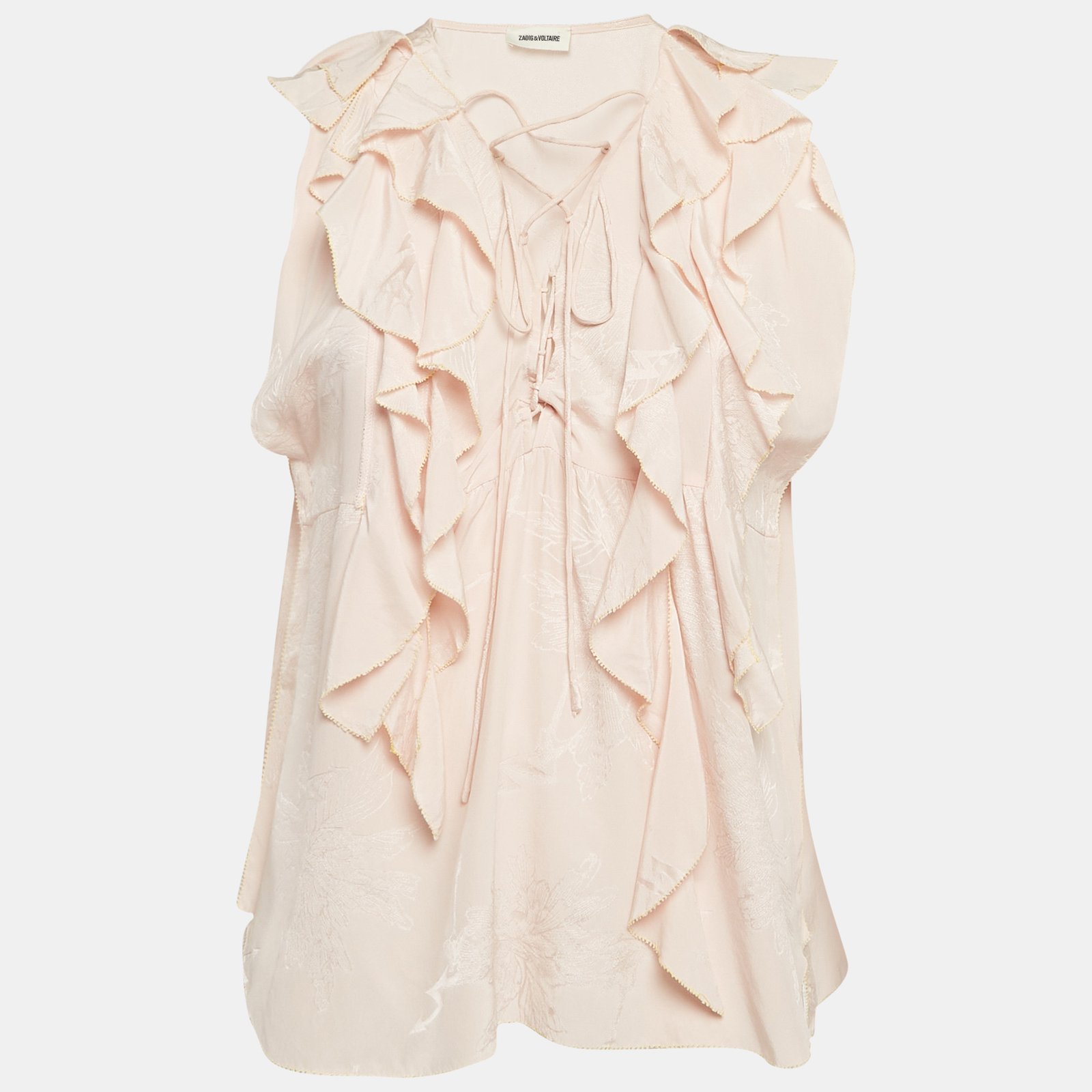 Zadig & Voltaire Pink Floral Jacquard Ruffled Time Lace-Up Top L