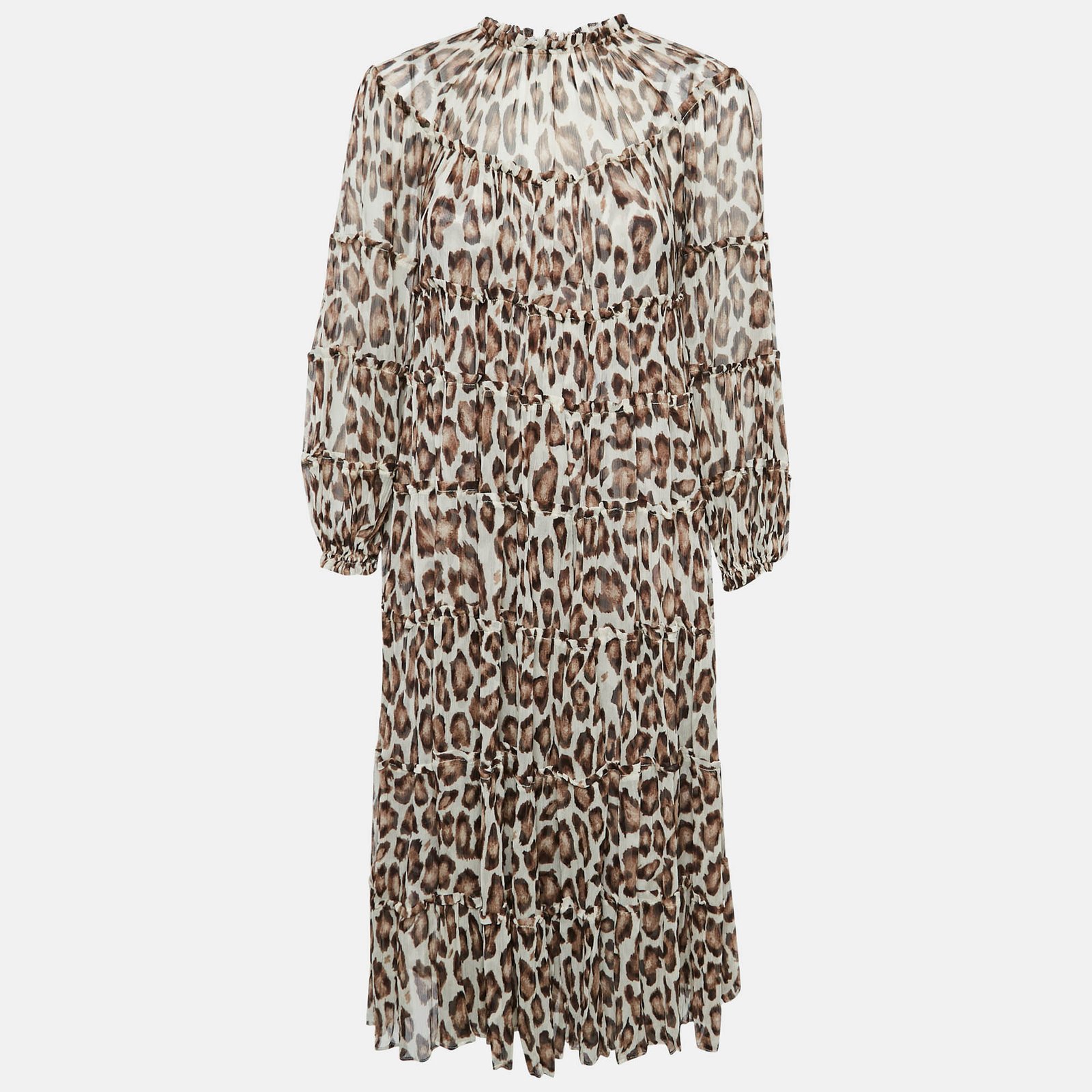 Zimmermann Brown Leopard Print Silk Chiffon Tiered Midi Dress M