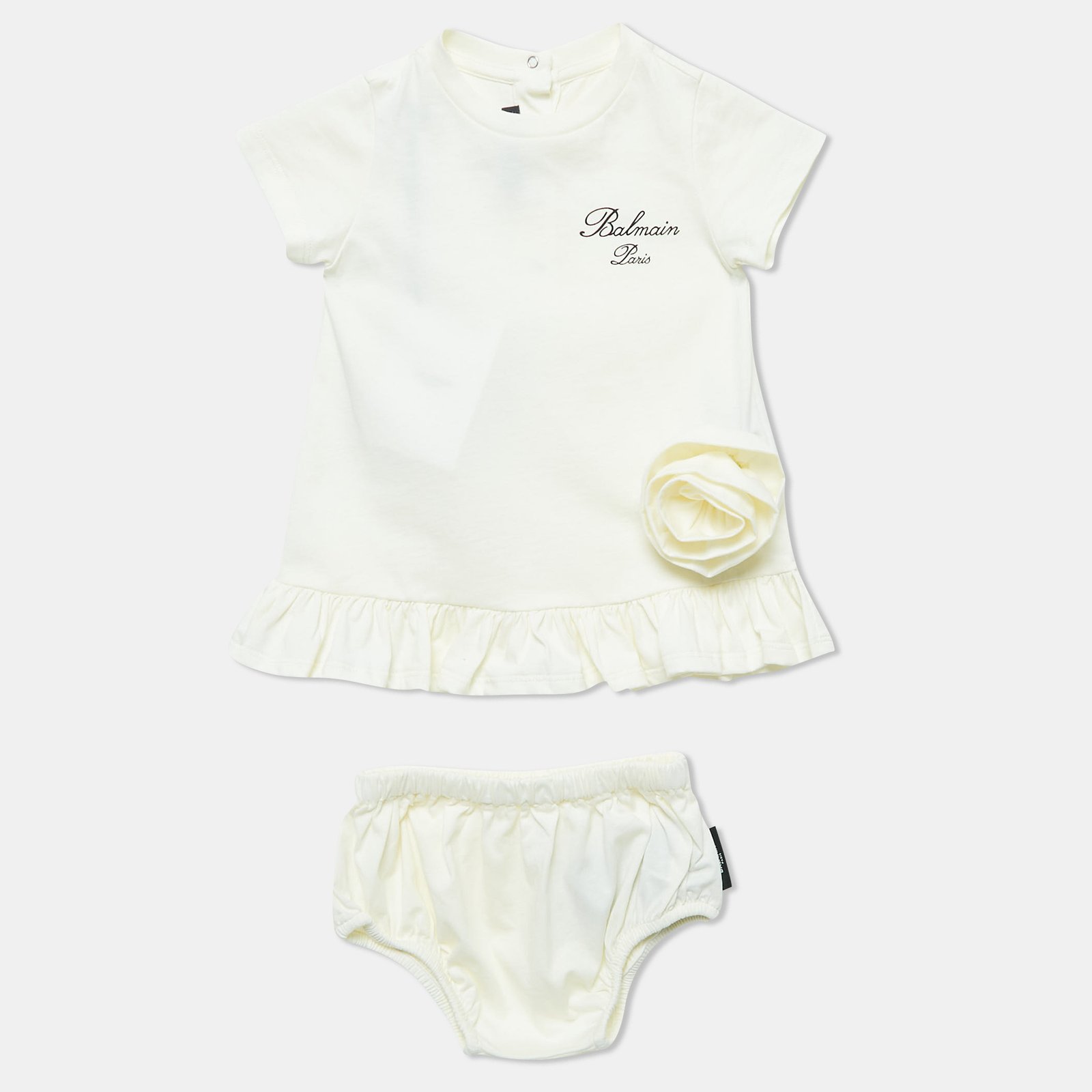 Balmain Kids Ivory Floral Applique Cotton Dress Set 6 M