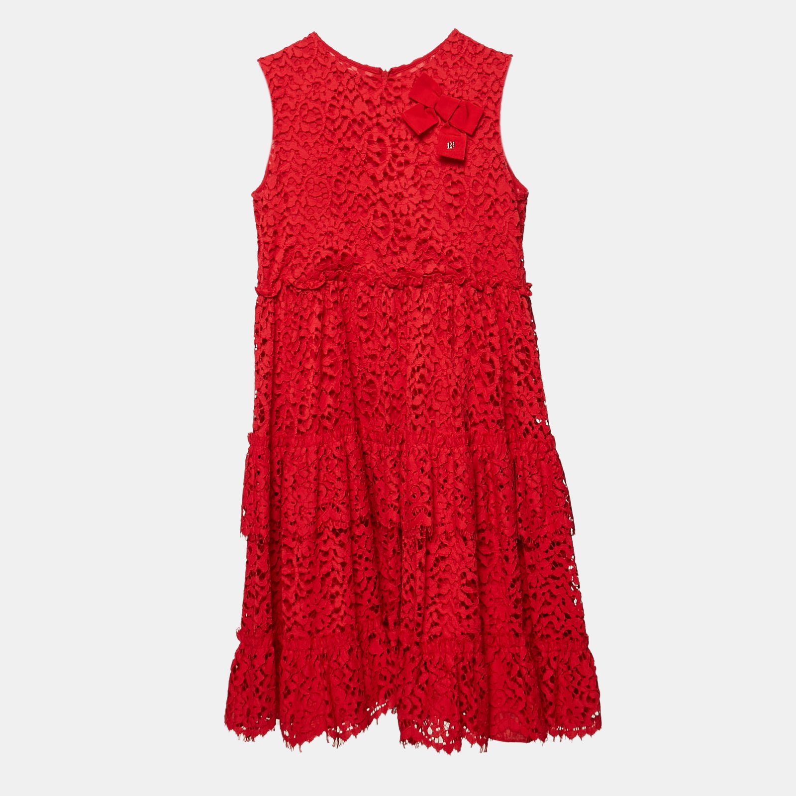 CH Carolina Herrera Red Lace Bow Detail Tiered Dress 12 Yrs