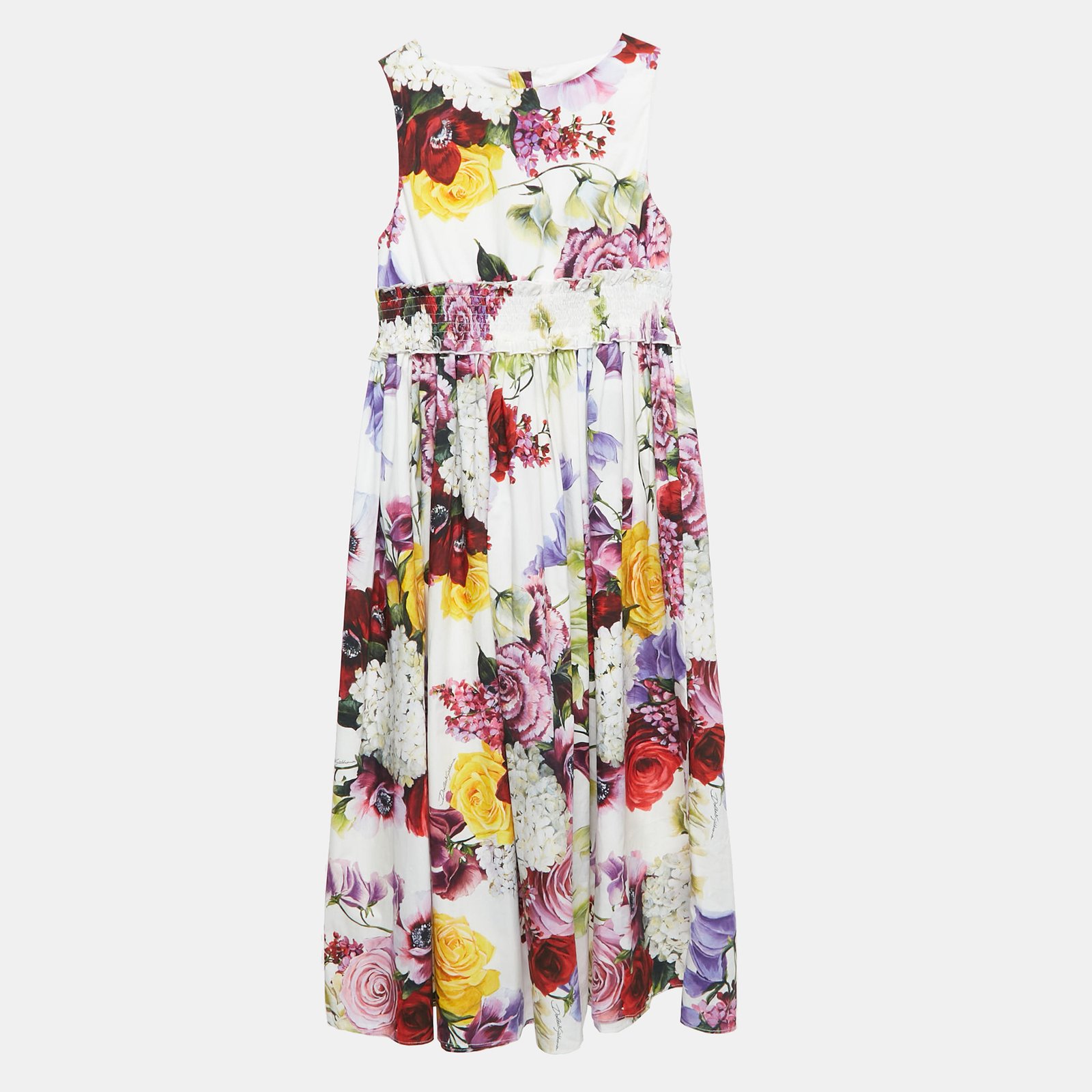 Dolce & Gabbana White Floral Print Poplin Smocking Effect Dress 11-12 Yrs