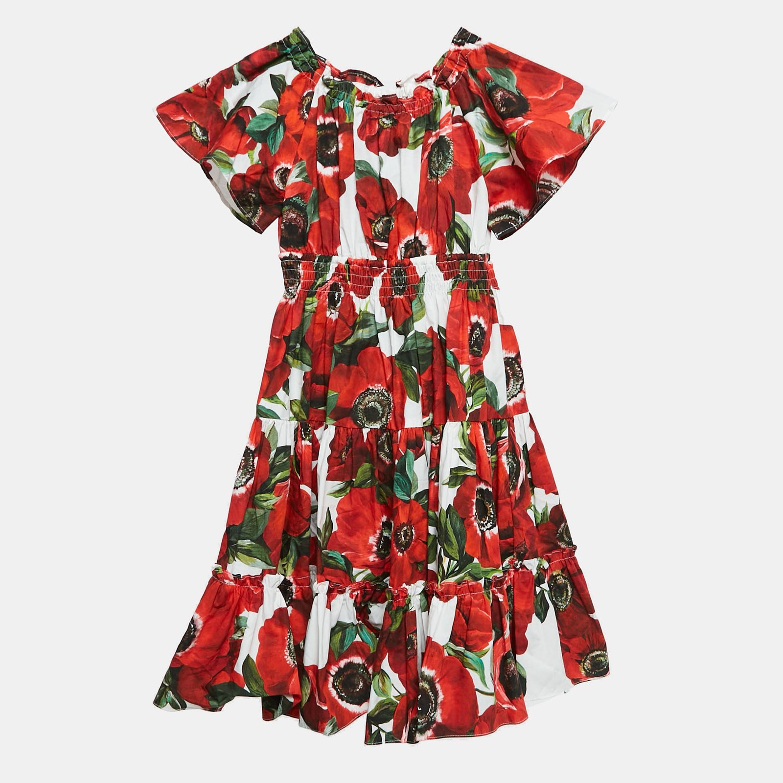 Dolce & Gabbana Red Floral Print Poplin Tiered Dress 24-30 M