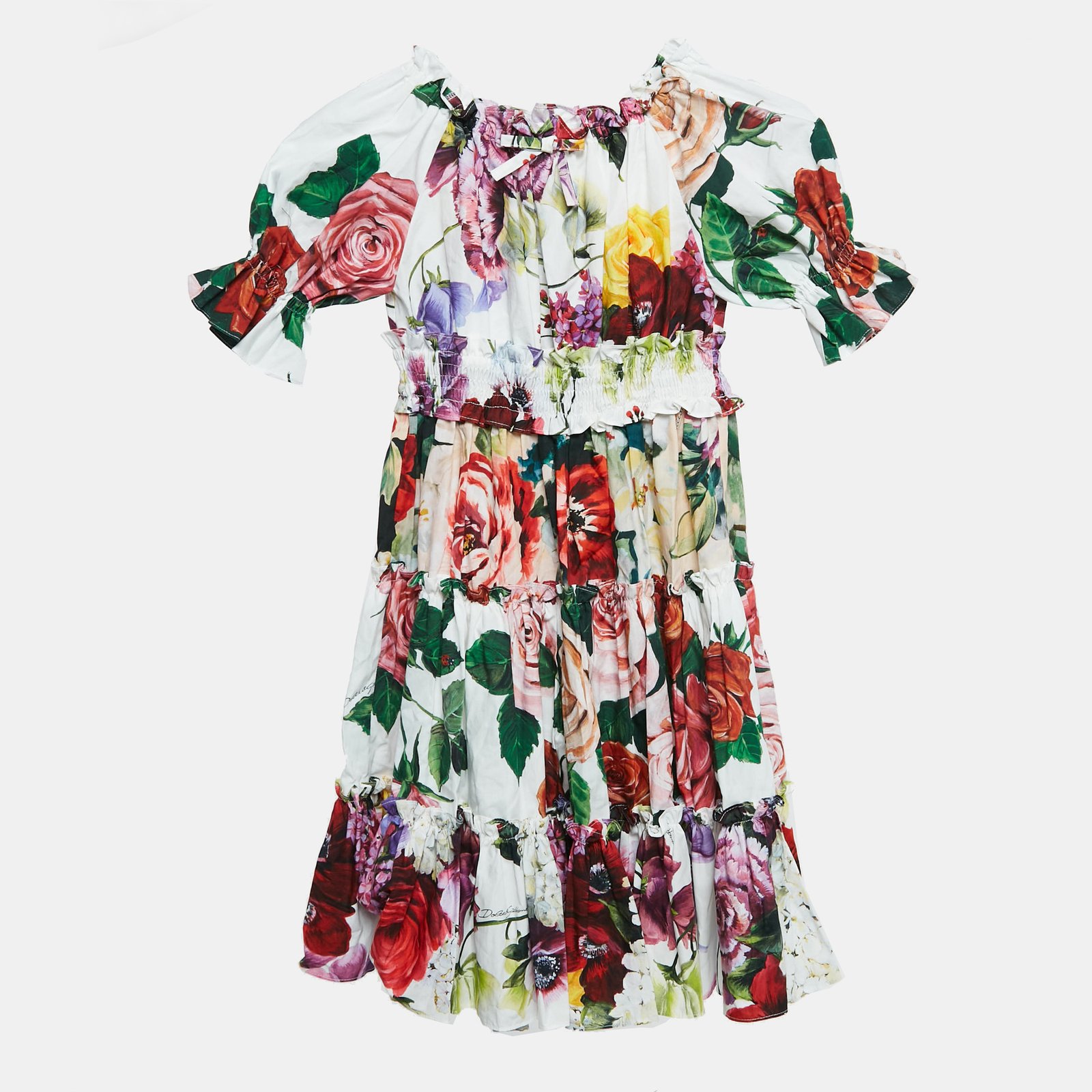 Dolce & Gabbana Kids White/Red Floral Print Poplin Tiered Dress 6 Yrs
