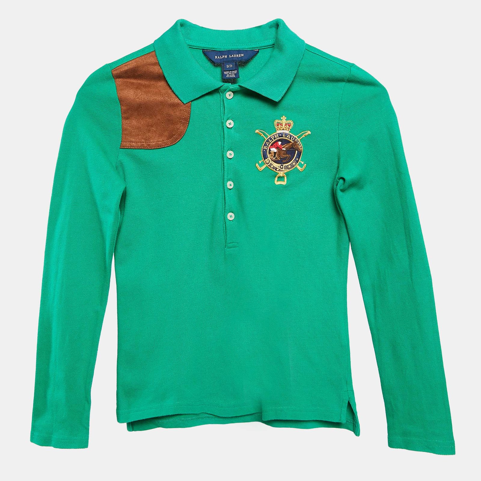 Ralph Lauren Kids Green Suede Trim Pique Cotton T-Shirt 7 Yrs