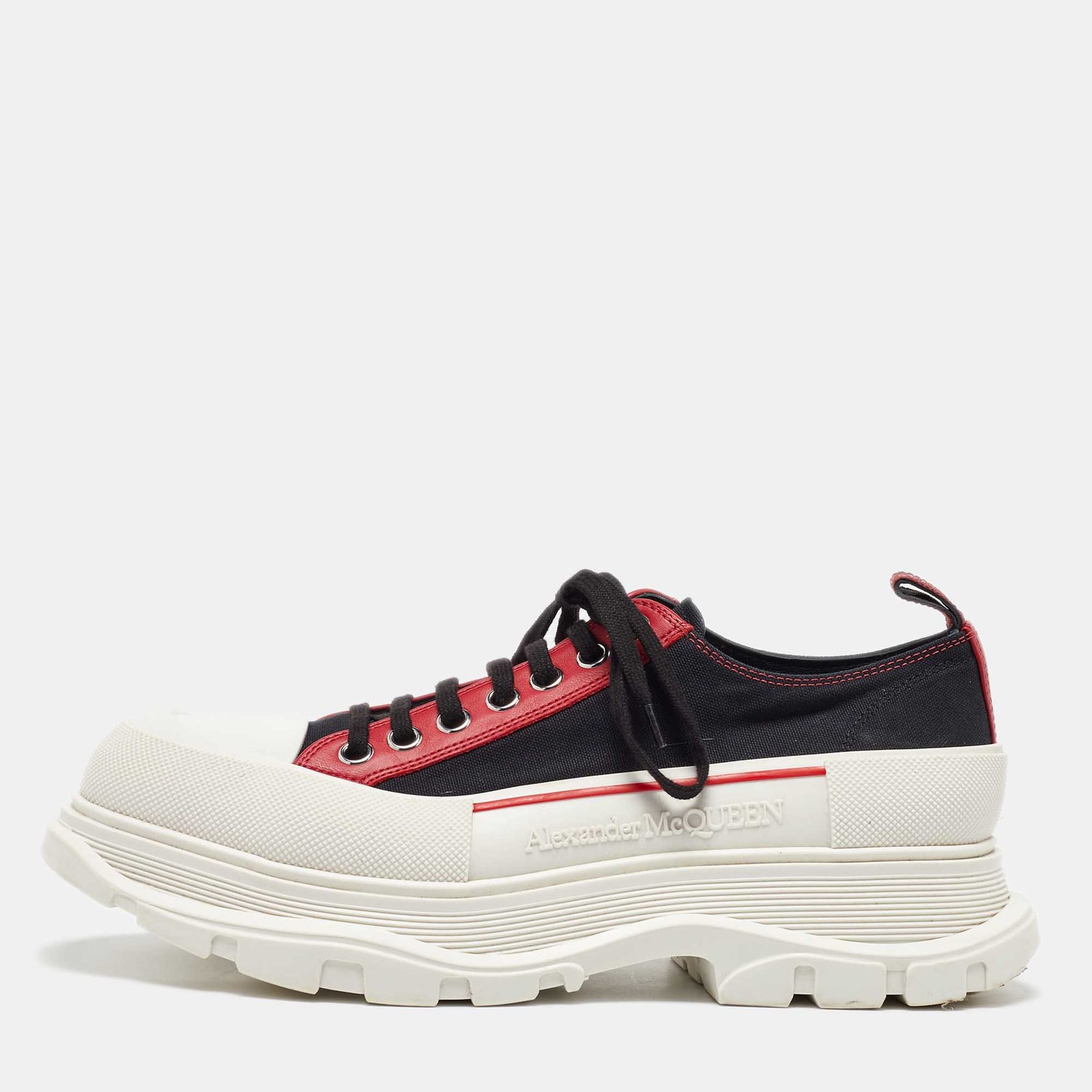 Alexander McQueen Black/Red Canvas and Leather Tread Low Sneakers Size 44