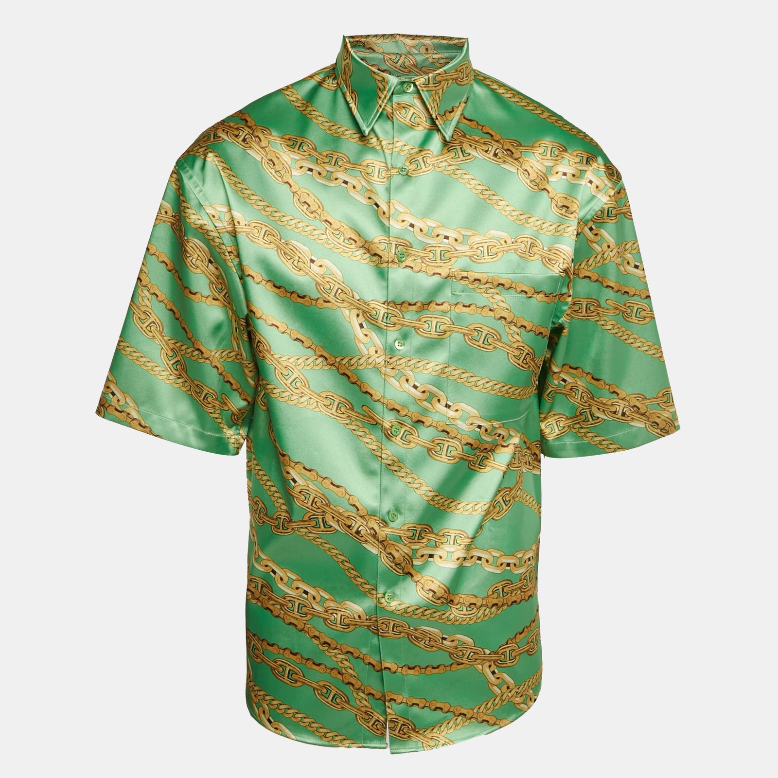 Balenciaga Green Chain Print Satin Short Sleeve Oversized Shirt XS