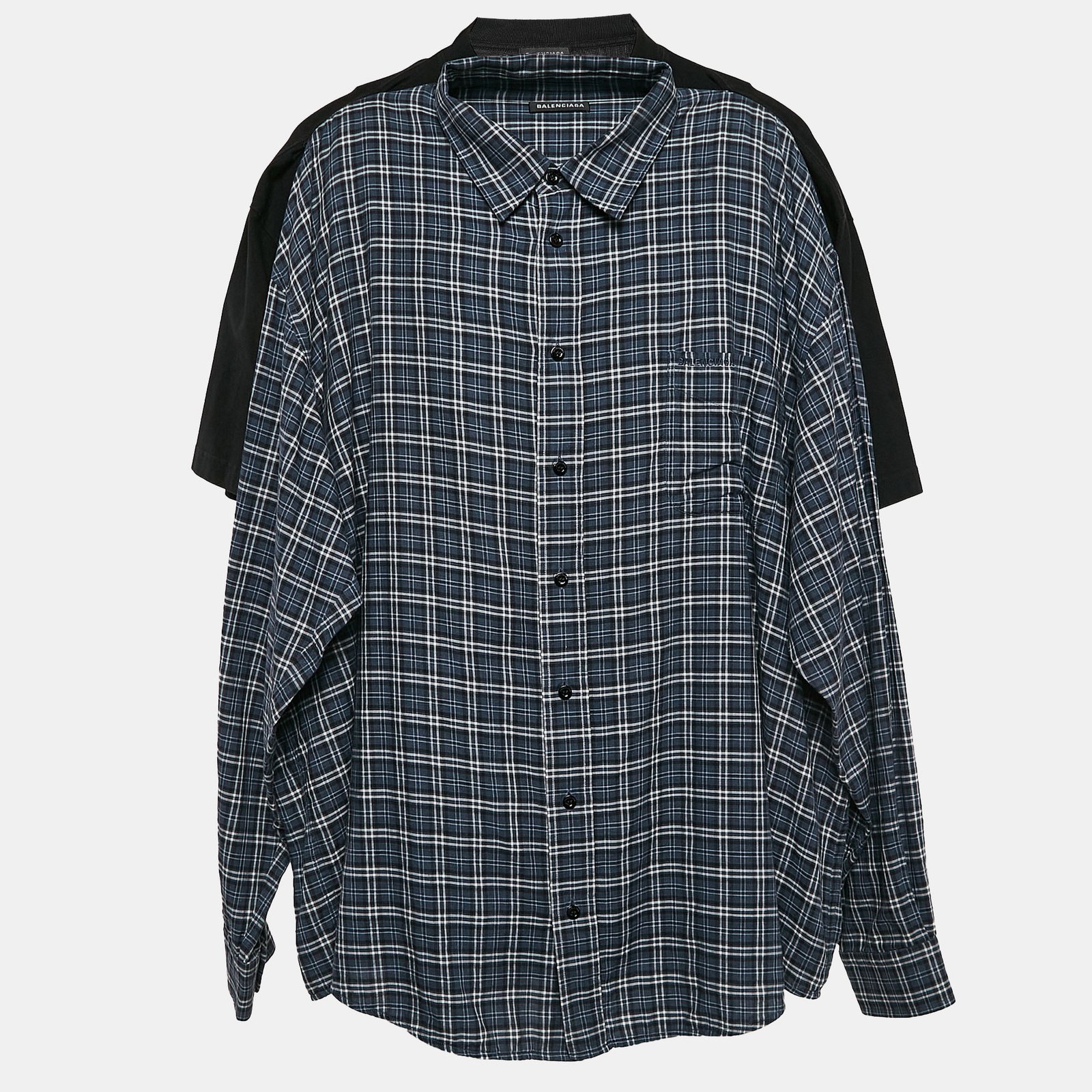 Balenciaga Black/Blue Checked Cotton and Jersey Shirt T-Shirt L