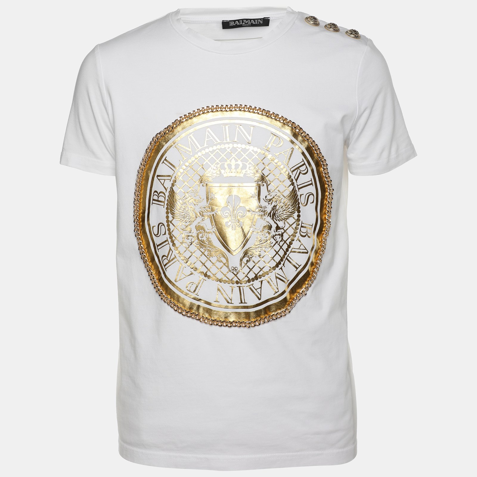 Balmain White Cotton Logo Print Chain Details T-Shirt M