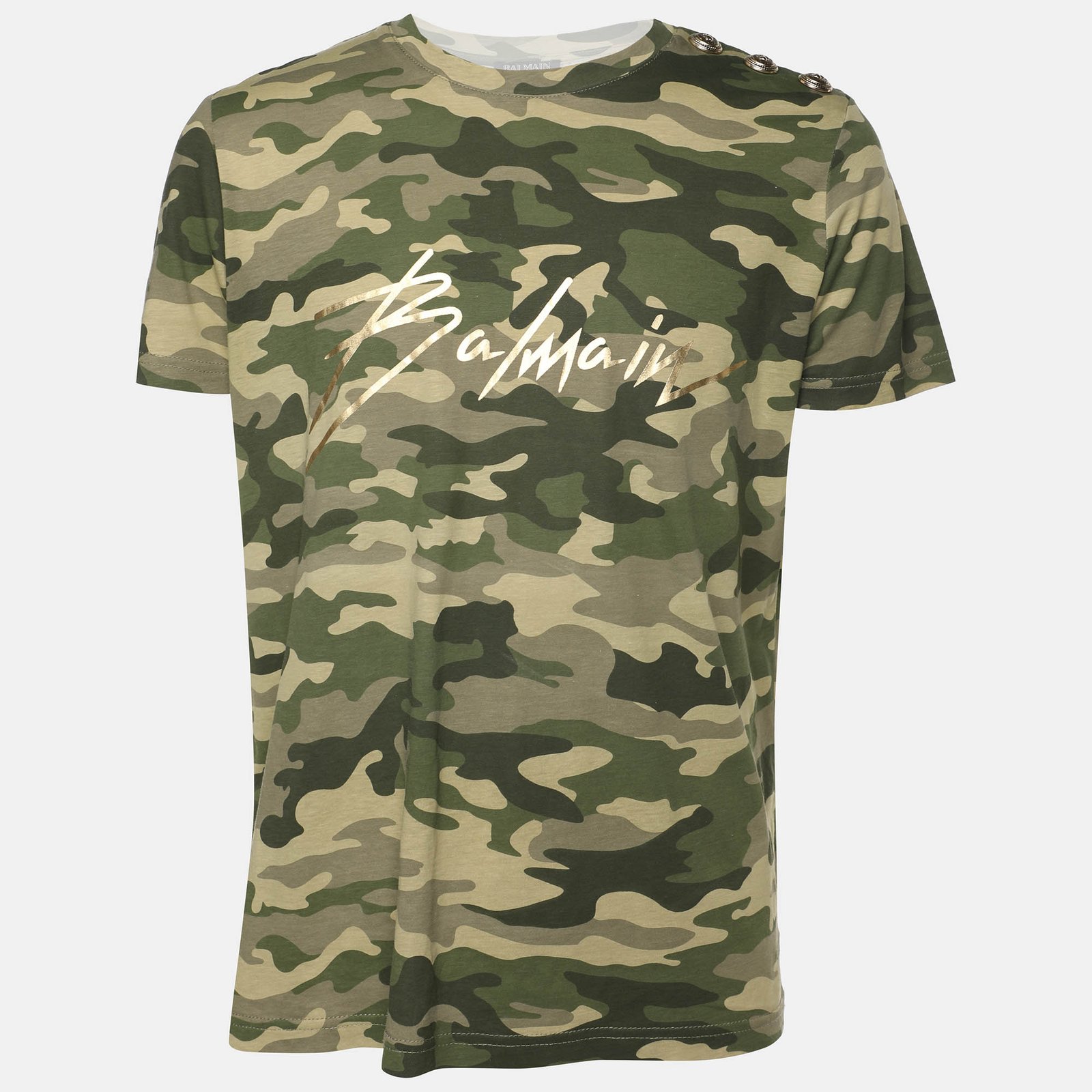 Balmain Green Camouflage Print Cotton T-shirt M