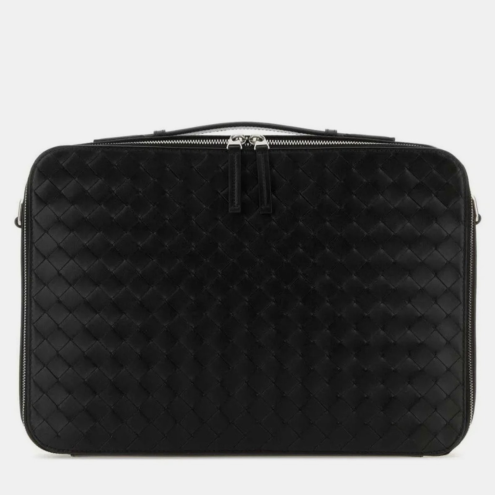 Bottega Veneta Black Intrecciato Leather Zipped Briefcase Bag
