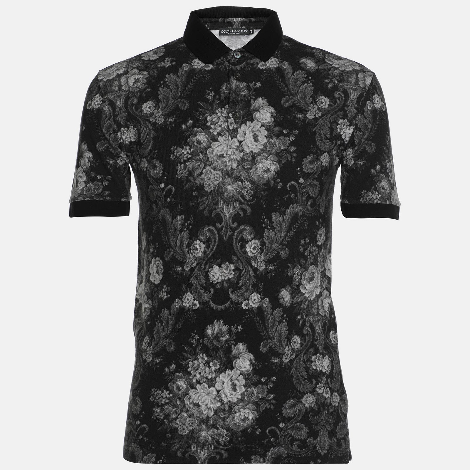 Dolce and Gabbana Black Floral Print Cotton Pique Polo T-Shirt XS