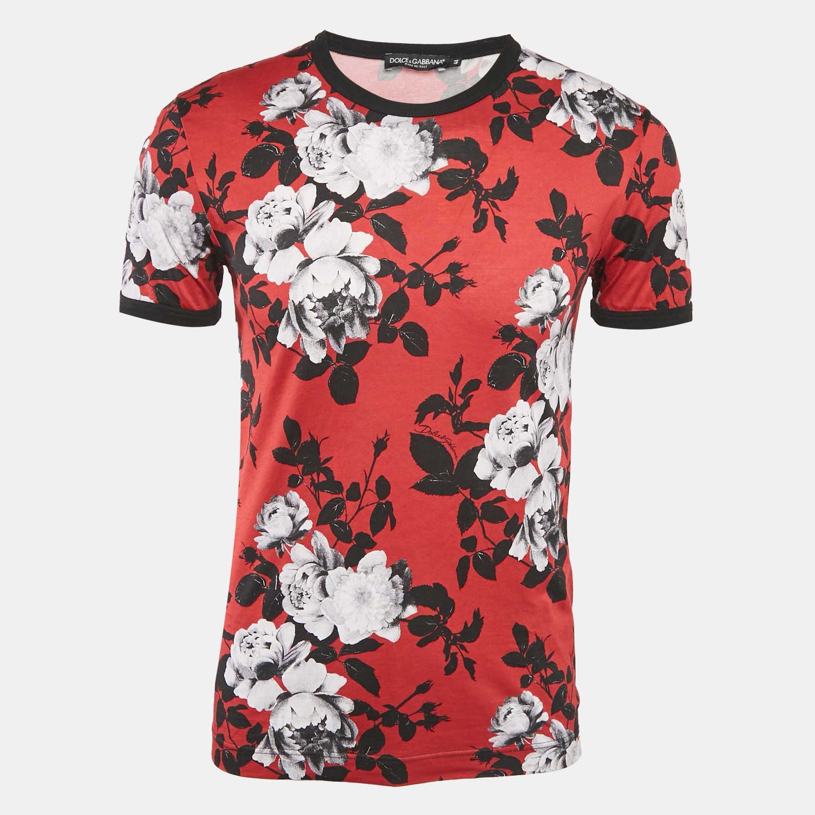 Dolce & Gabbana Red Floral Print Cotton Crewneck T-shirt XS
