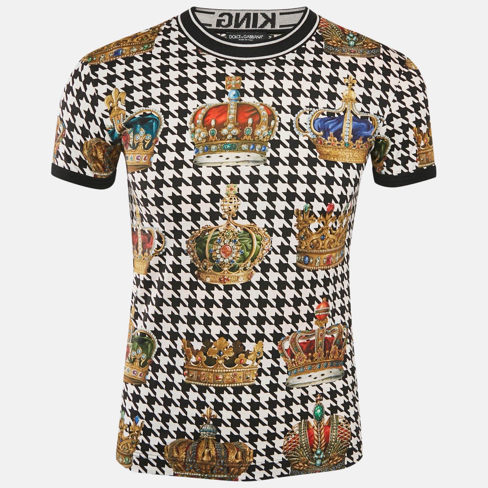 Dolce & Gabbana Black Houndstooth and Crown Print Jersey T-Shirt XS