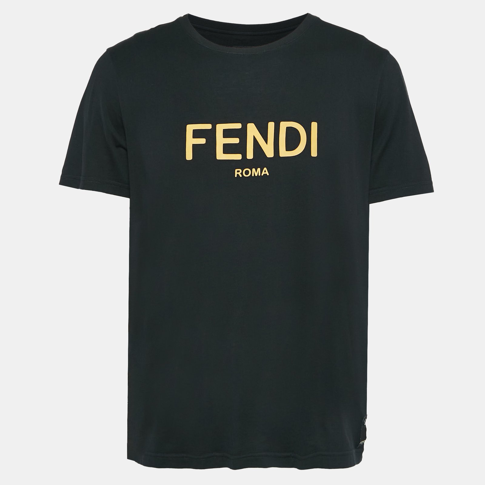 Fendi Black Cotton Logo Leather Applique Jersey T-Shirt XL