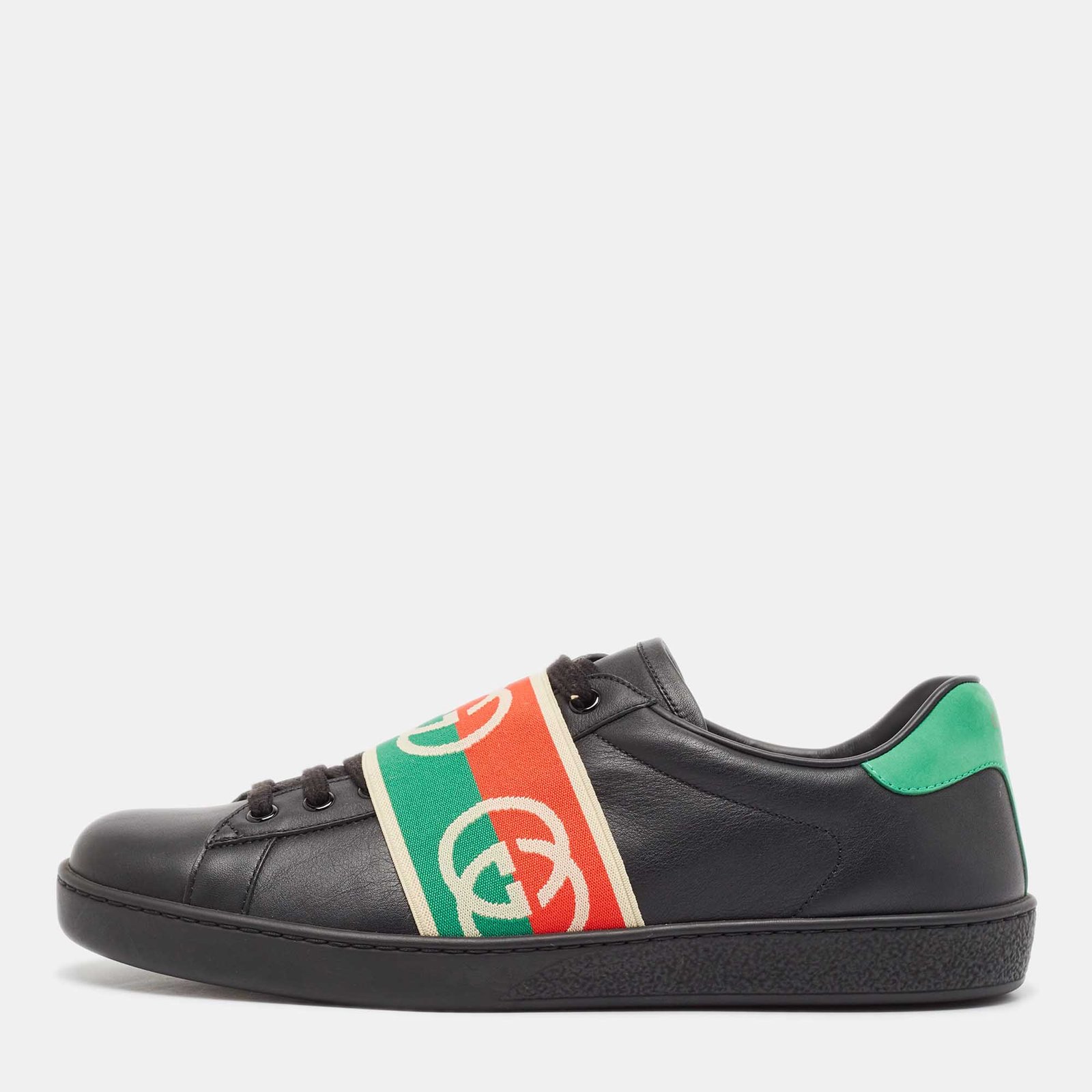 Gucci Black Leather Ace Web Low Top Sneakers Size 42