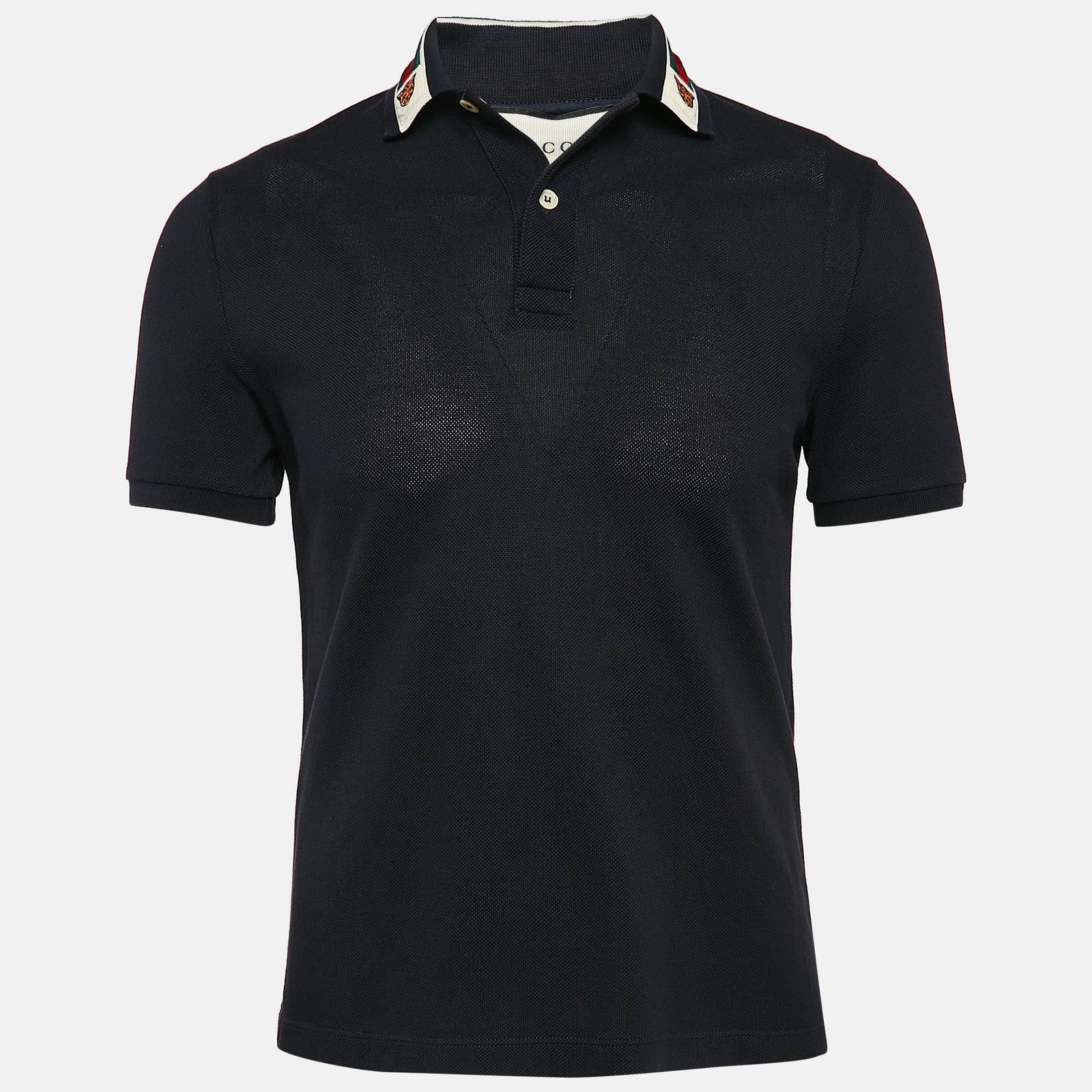 Gucci Navy Blue Web Collar Pique Jersey Polo T-Shirt S