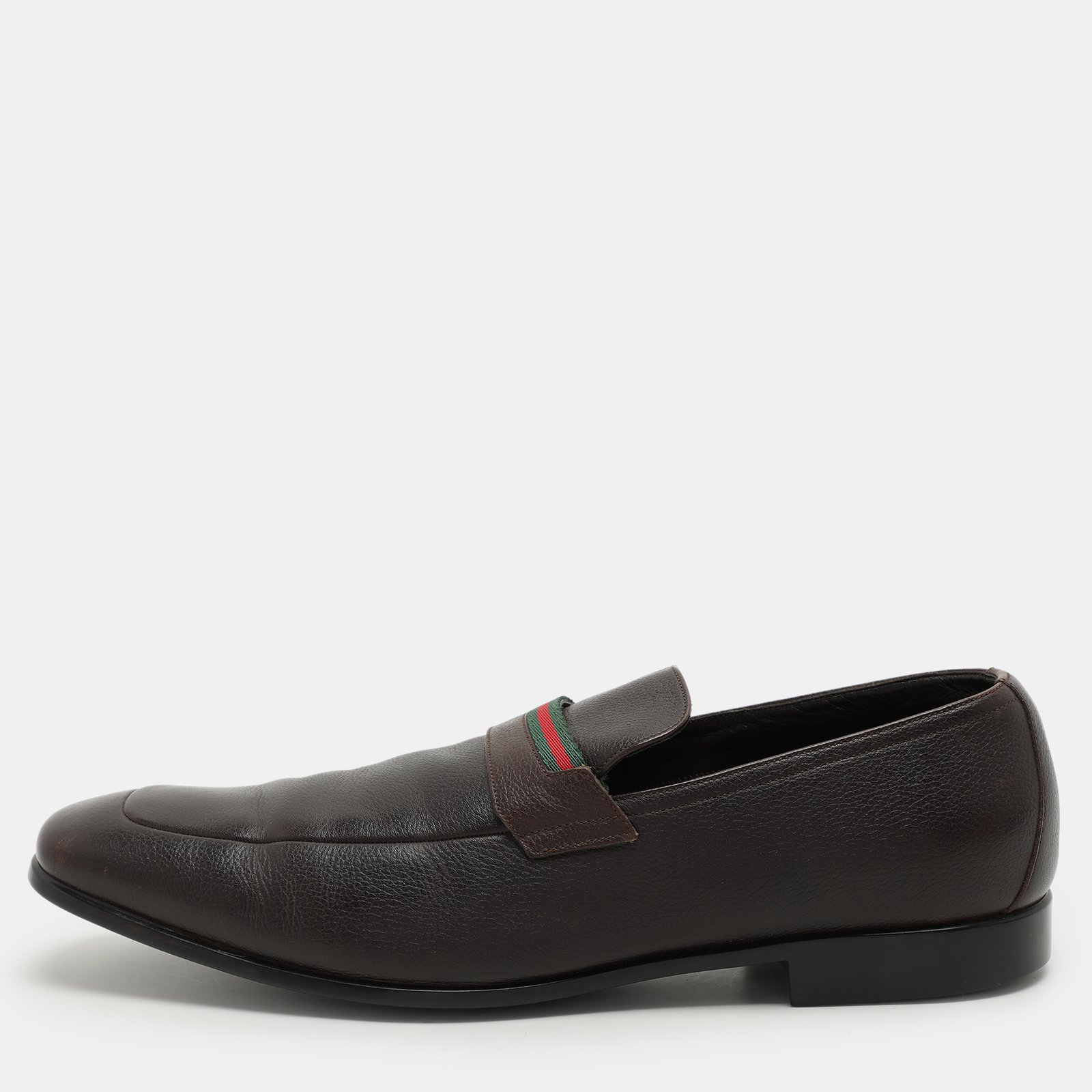 Gucci Brown Leather Web Detail Loafers Size 43