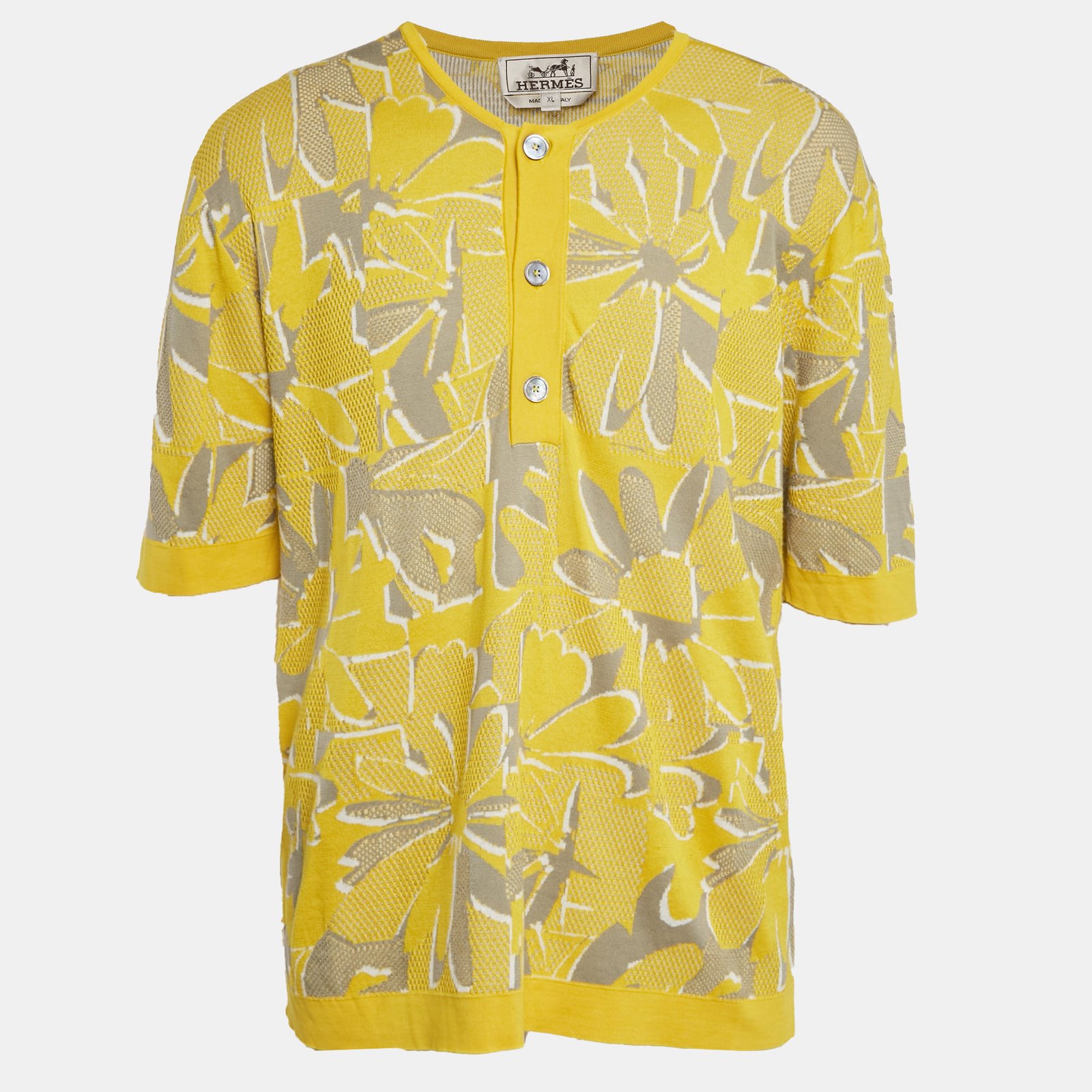 Hermes Yellow Puzzle Floral Knit Henley Collar T-Shirt XL