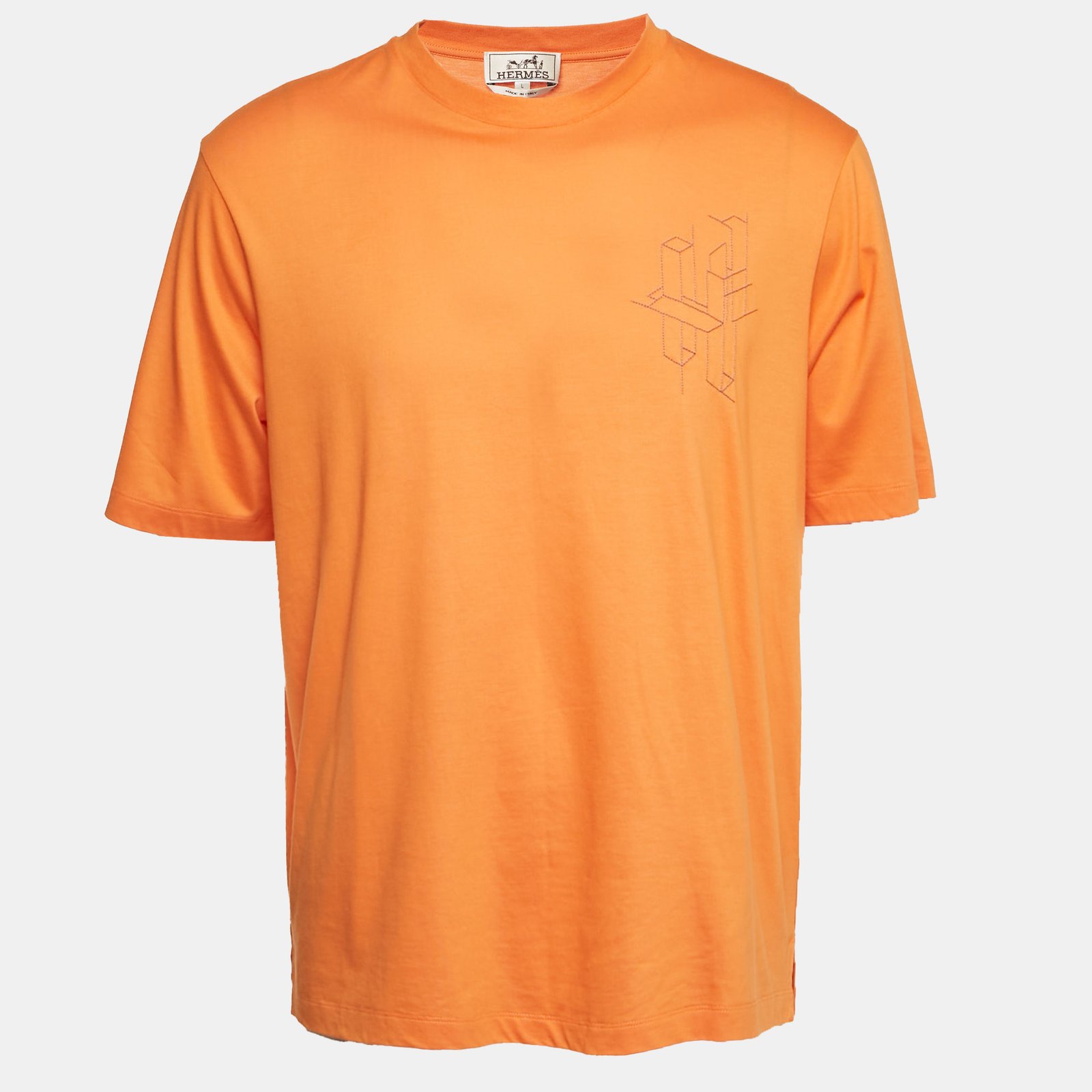 Hermes Orange 3D H Embroidered Jersey Crew Neck T-Shirt L