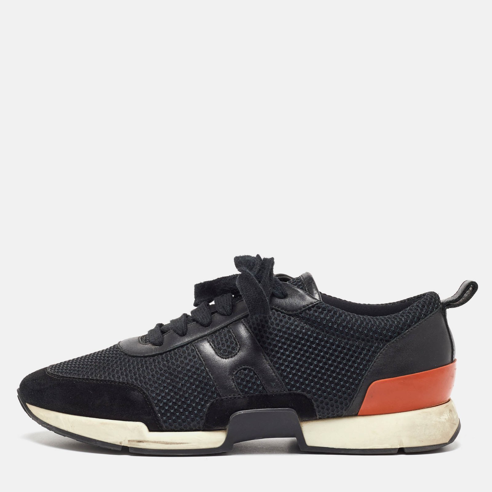 Hermes Black Leather and Mesh Low Top Sneakers Size 40