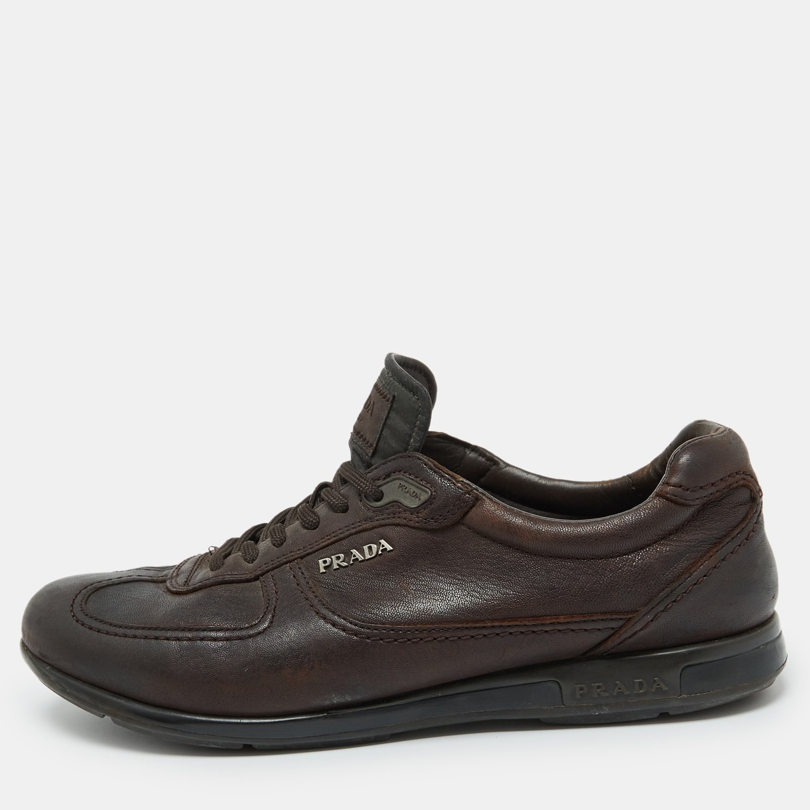 Prada Sport Dark Brown Leather Low Top Sneakers Size 42