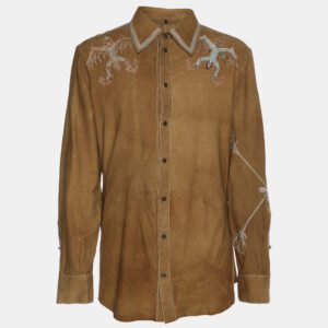 Roberto Cavalli Brown Embroidered Suede Button Front Shirt M