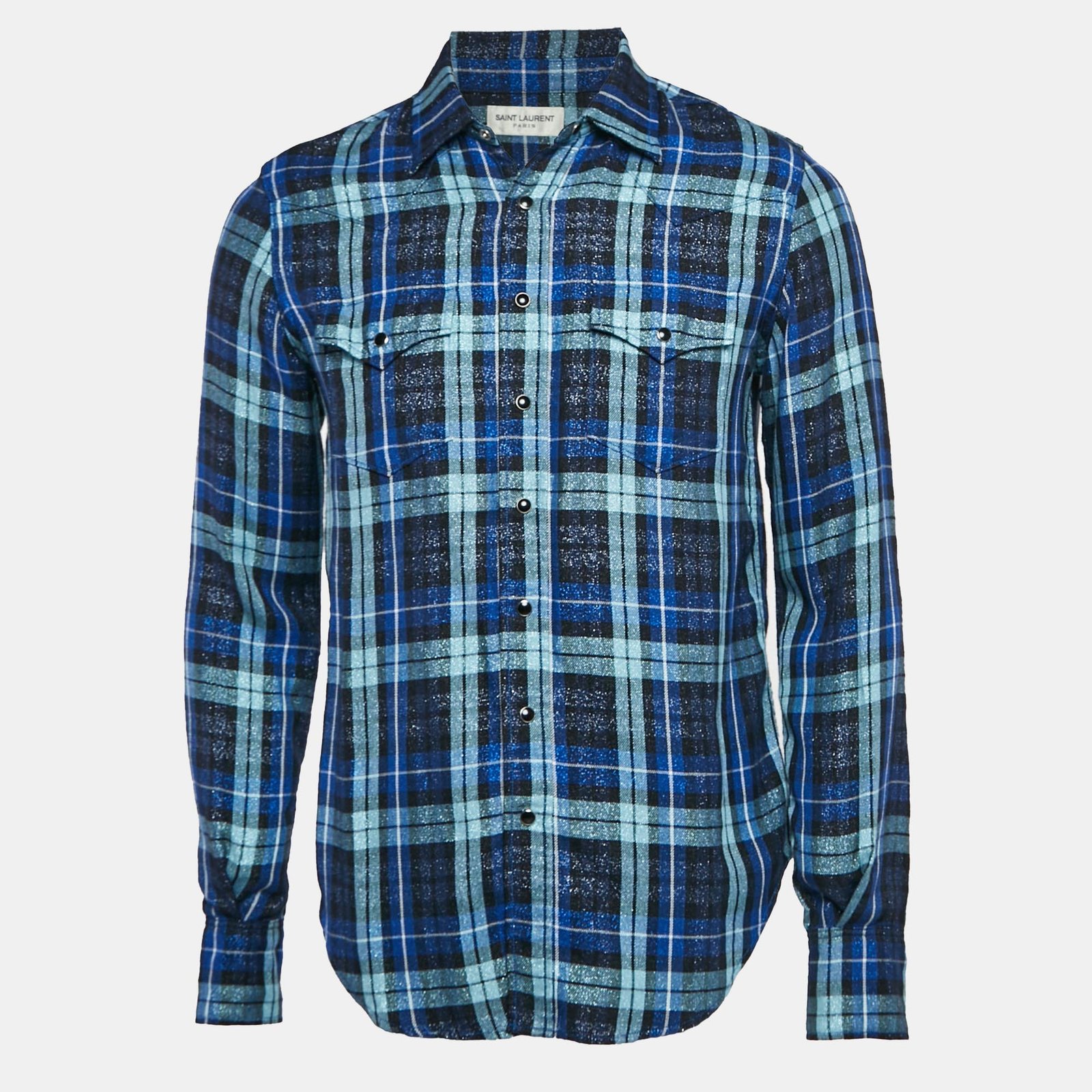 Saint Laurent Blue/Metallic Lurex Plaid Flannel Shirt L