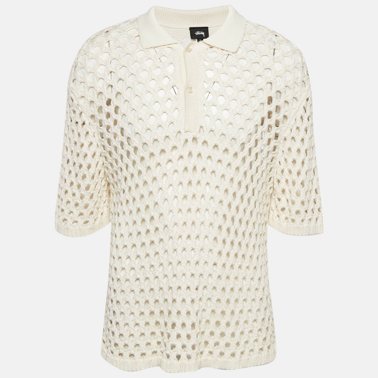 Stussy Off White Crochet Knit Sheer Polo T-Shirt L