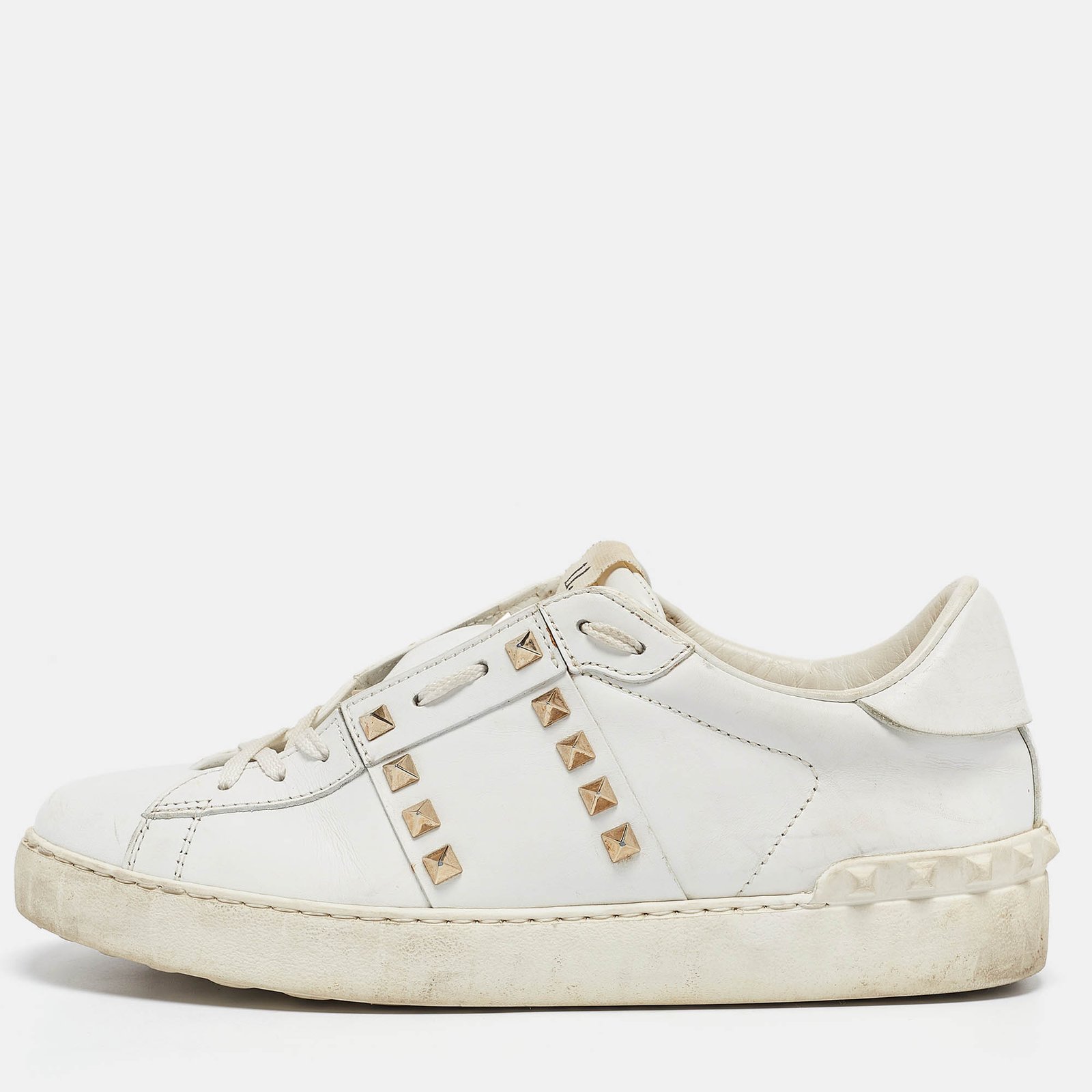Valentino White Leather Rockstud Lace Up Sneakers Size 40.5