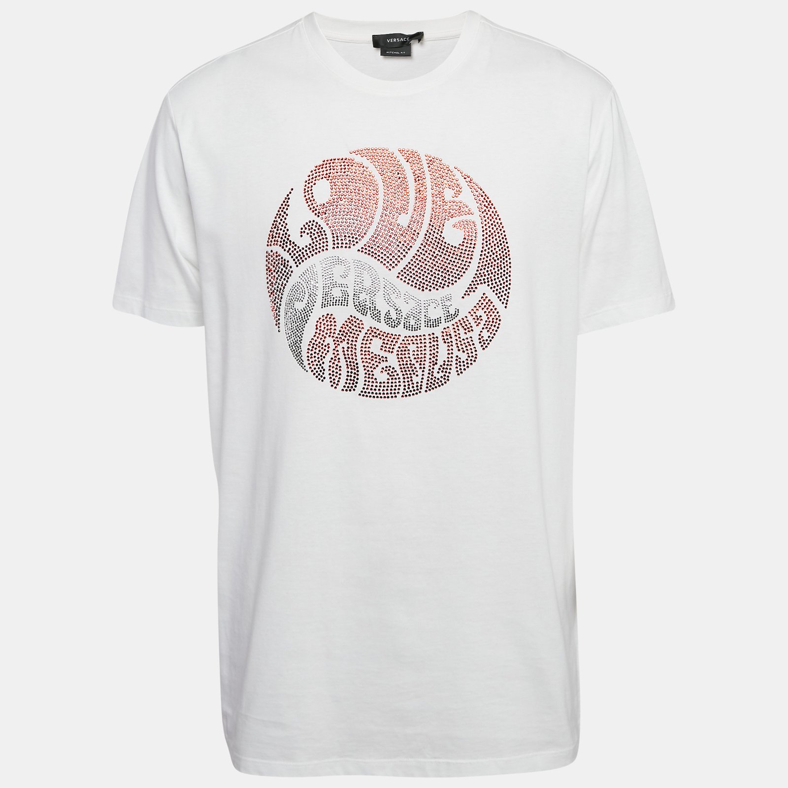 Versace White Rhinestone Logo Jersey Michel Fit T-Shirt L