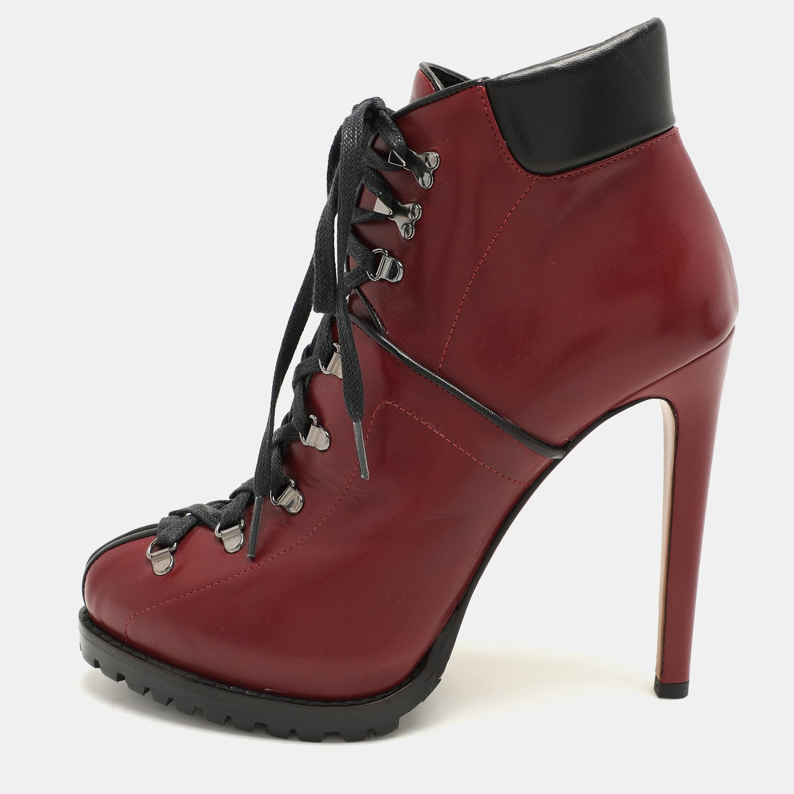 Alaia Burgundy Leather Lace Up Platform Booties Size 39.5