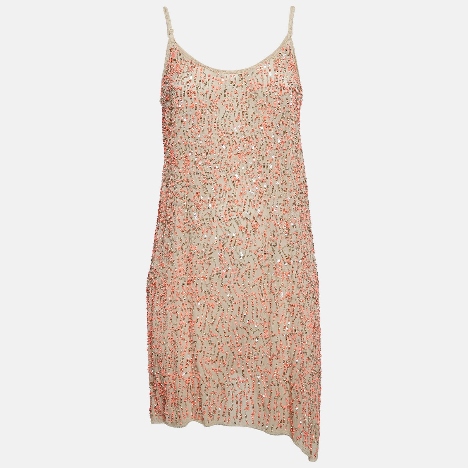 AllSaints Beige Sequin Crepe Sleeveless Raw-Edge Mini Dress M
