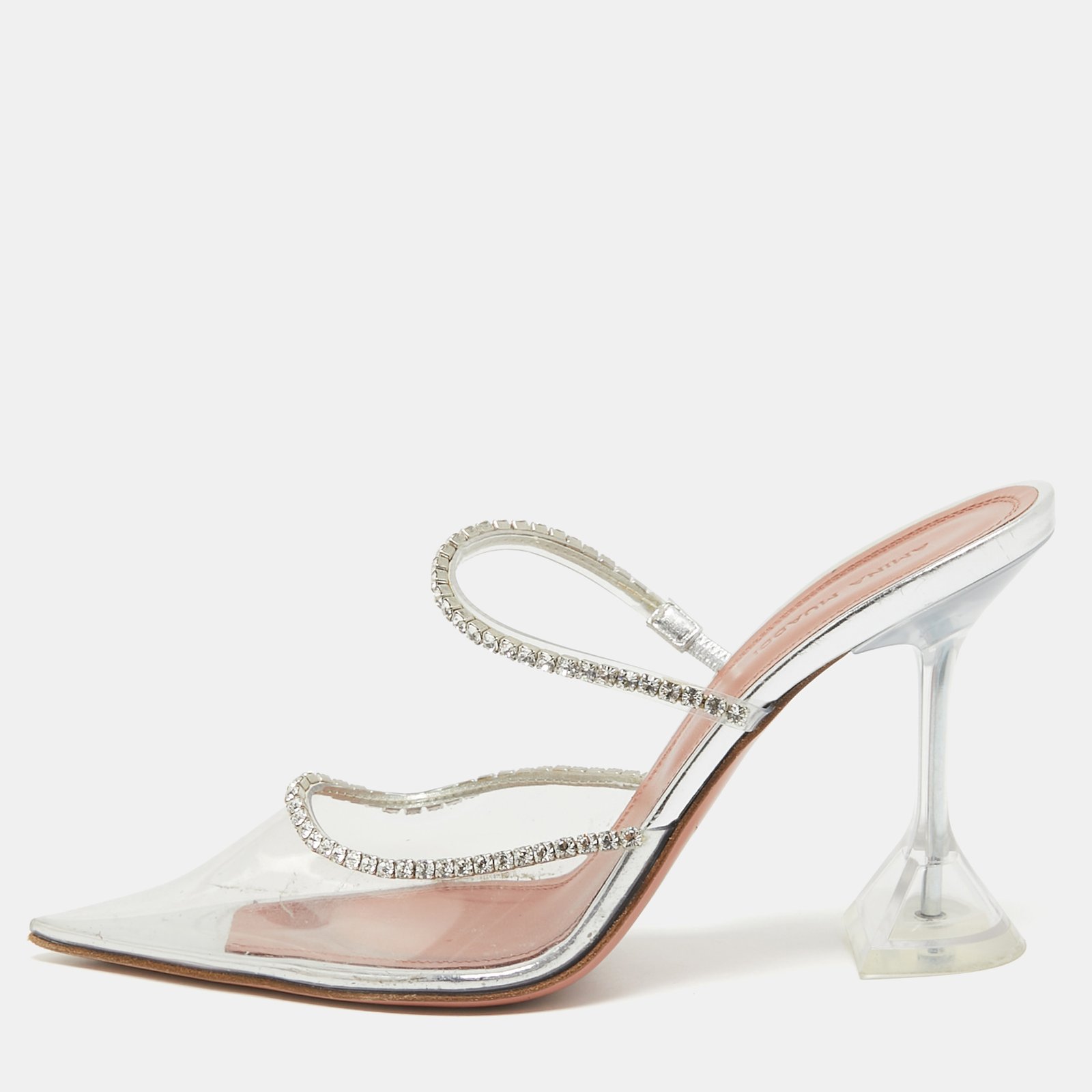 Amina Muaddi Transparent PVC Crystal Embellished Gilda Mules Size 37.5