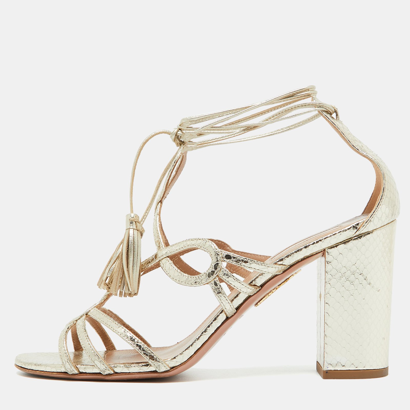 Aquazzura Gold Snakeskin Embossed Leather Gitana Ankle Strap Sandals Size 41